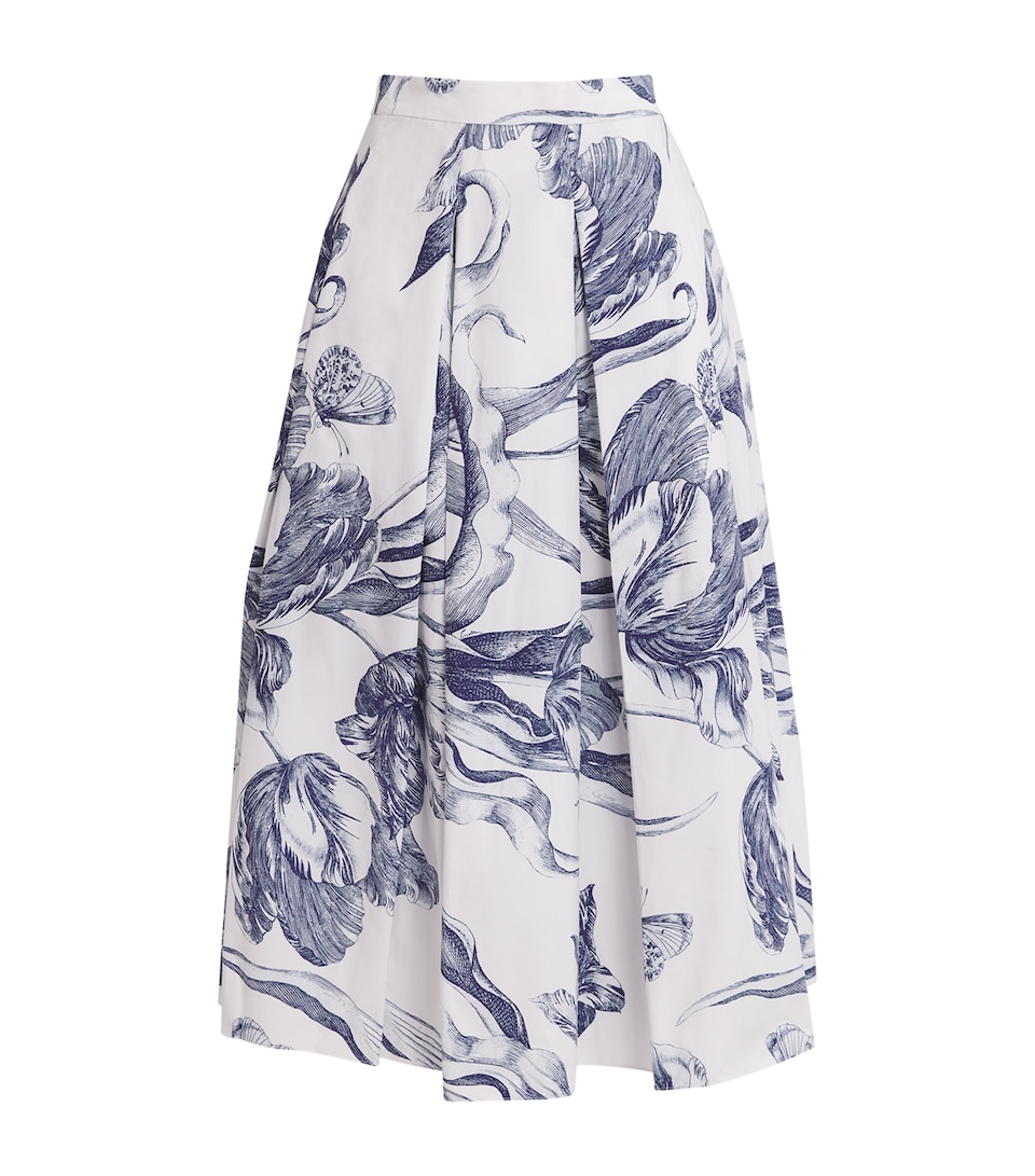 Cotton Floral Pleated Midi Skirt
