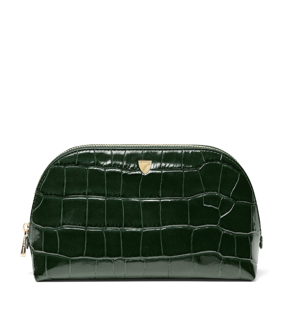 Aspinal Of London Small Leather Croc-Embossed Cosmetic Case Evergreen