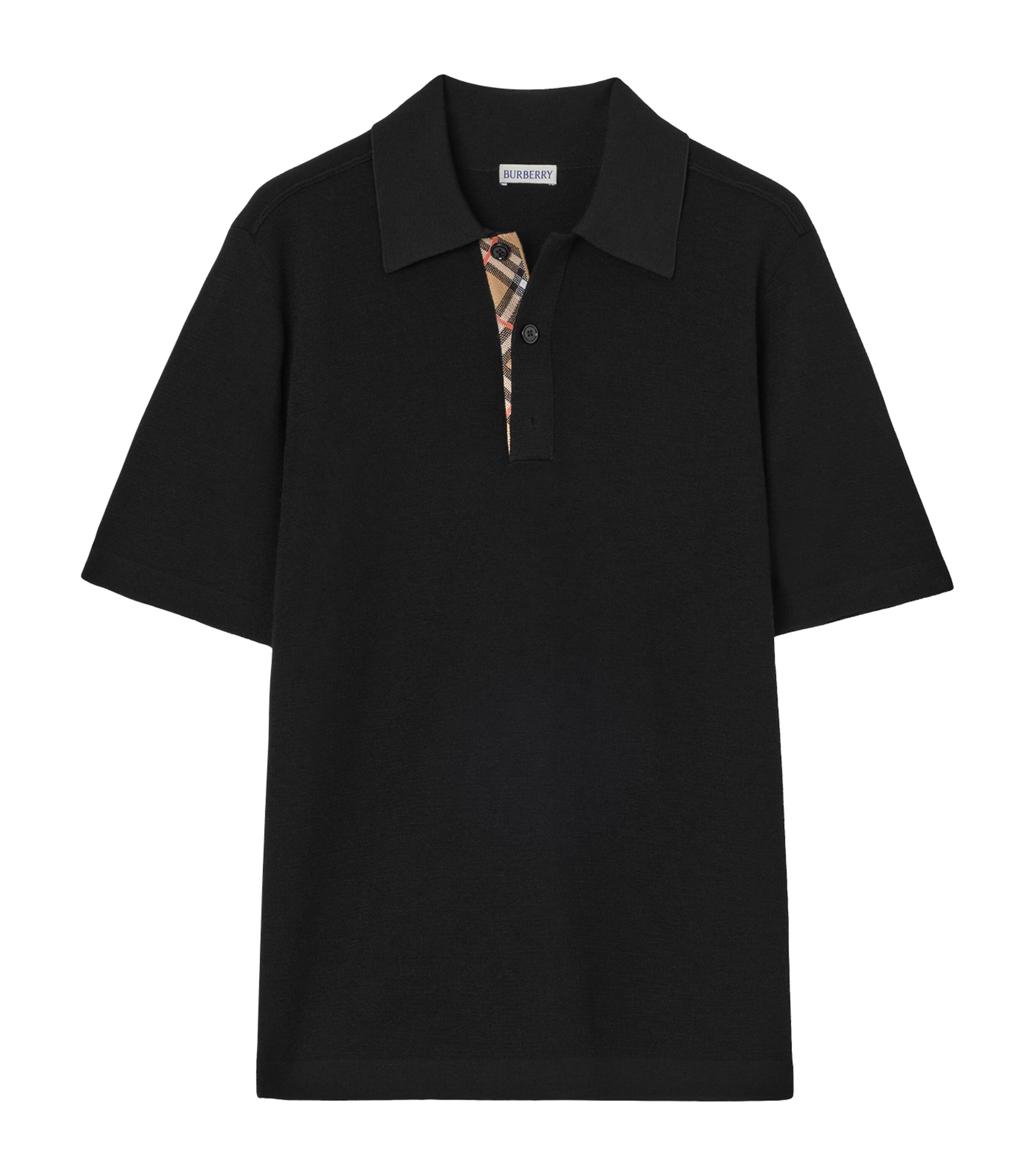 Burberry Mens Wool Check-Detail Polo Shirt Black