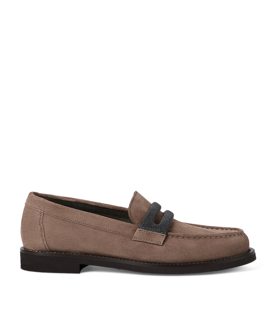 Suede Monili-Embroidered Penny Loafers