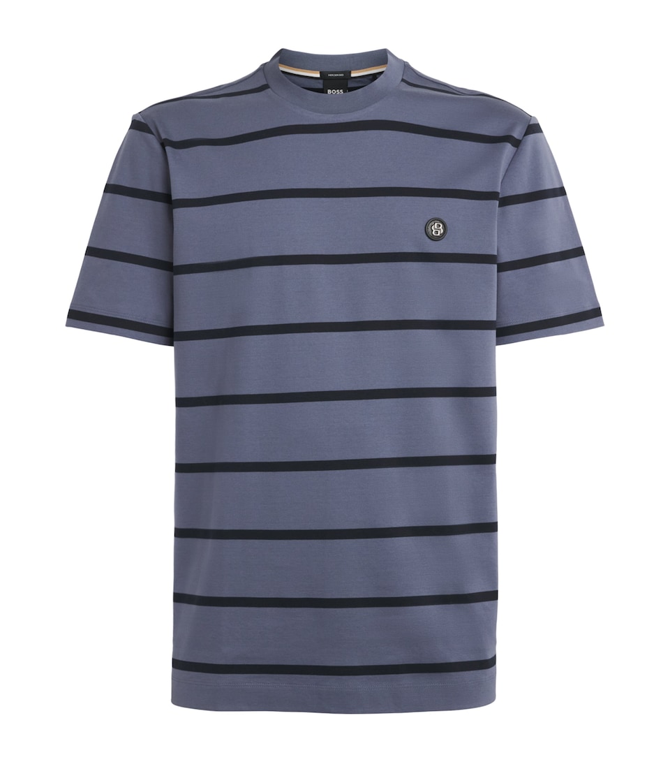 BOSS Mens Cotton Stripe Emblem T-Shirt Open Blue