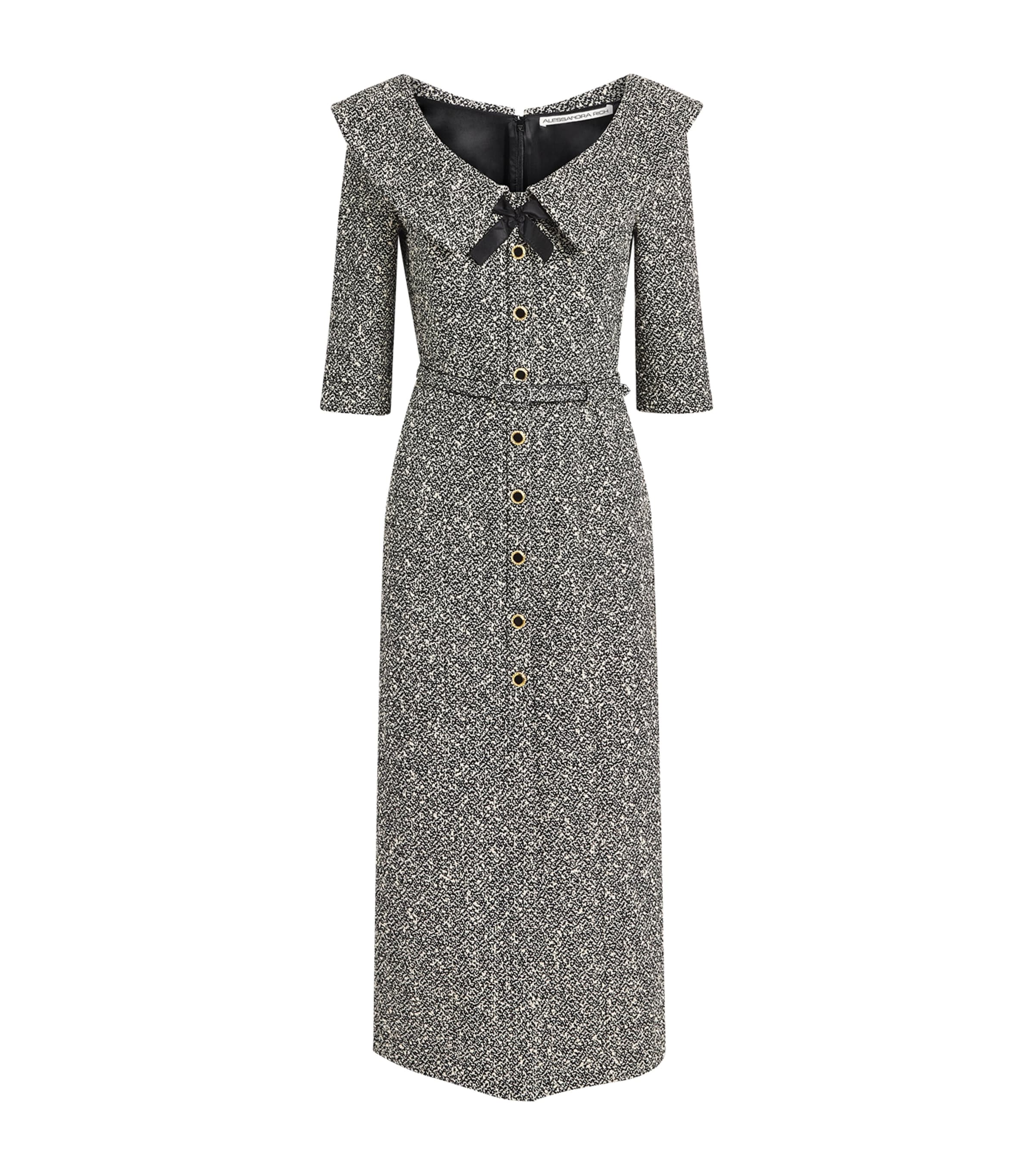 Alessandra Rich Womens Tweed Bow-Detail Midi Dress Wht Blk Mlnge