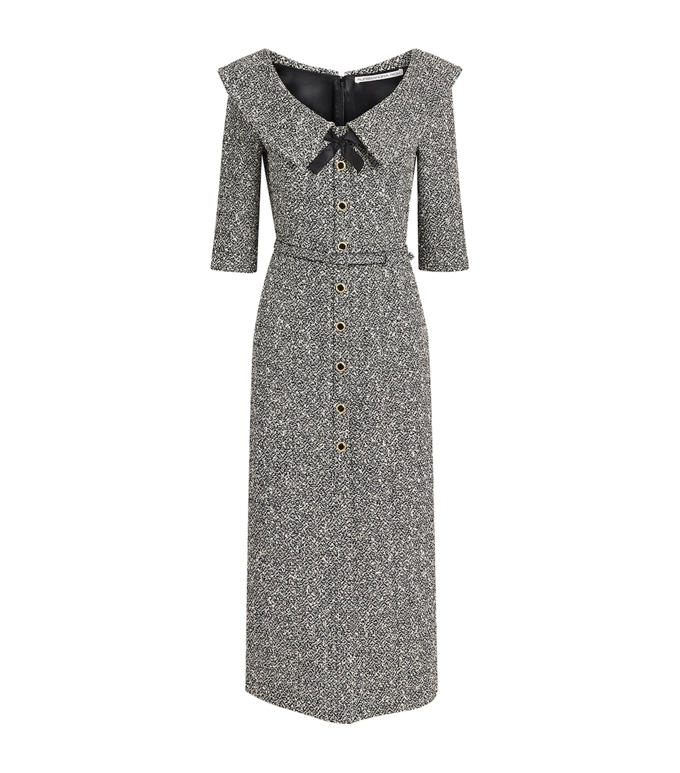 Alessandra Rich Womens Tweed Bow-Detail Midi Dress Wht Blk Mlnge