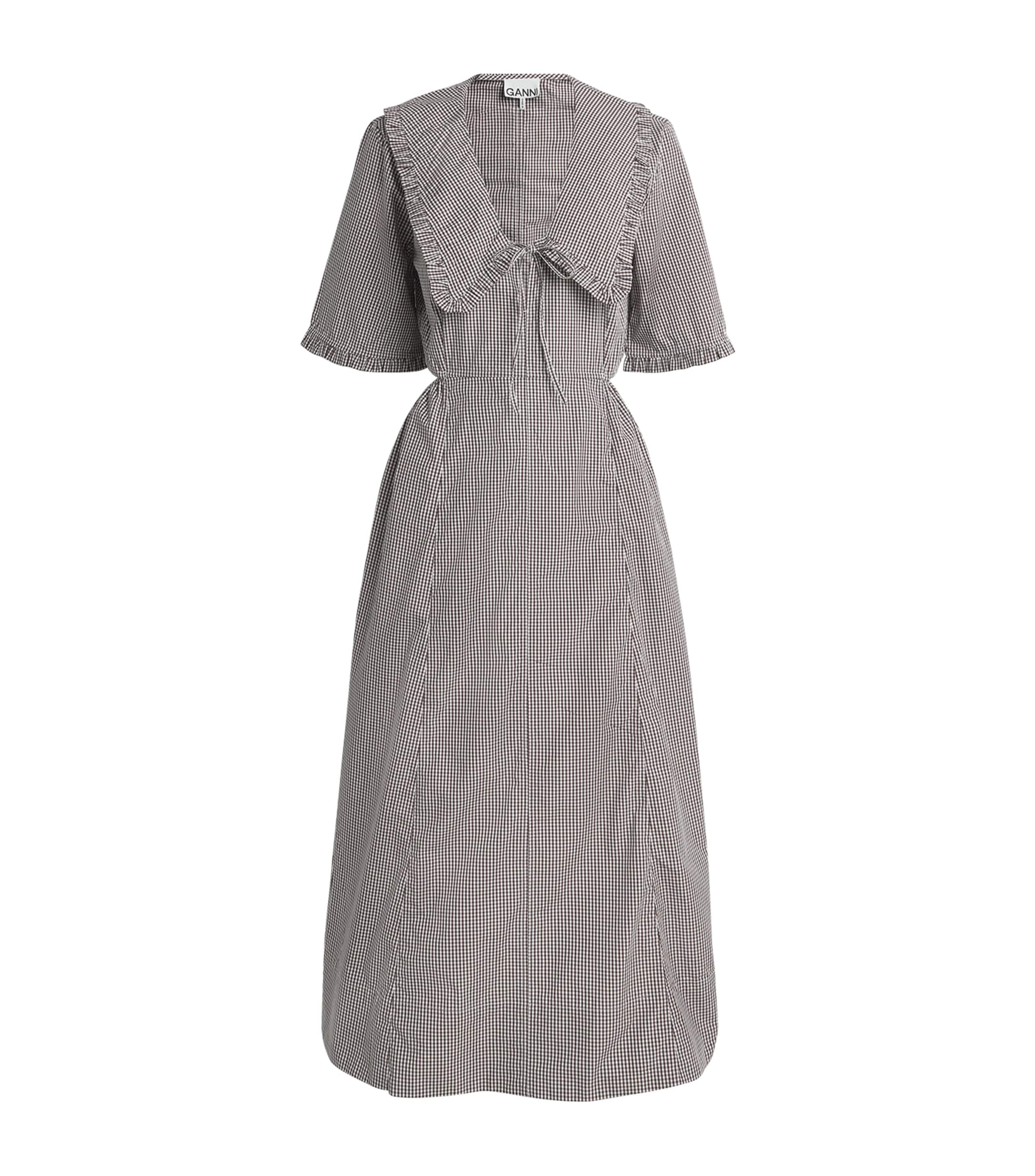 GANNI Womens Cotton Gingham Midi Dress Chicory Coffee