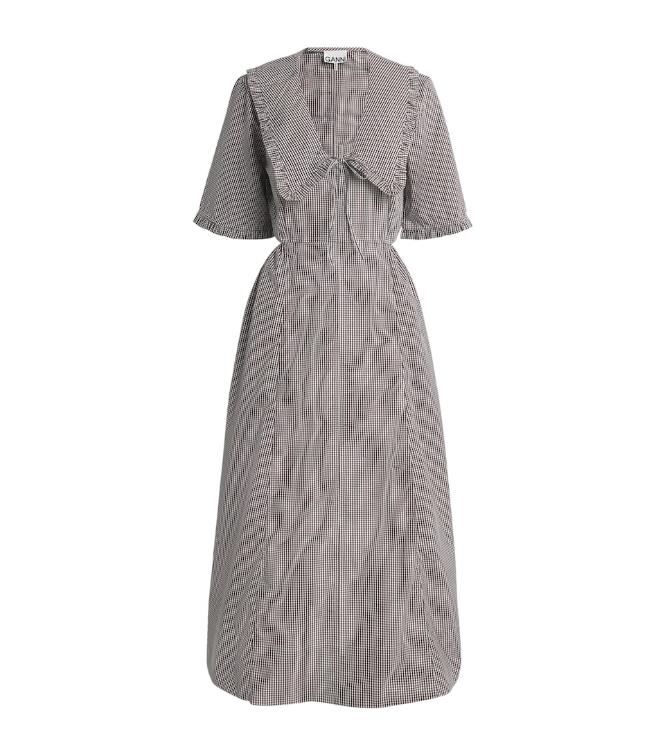 GANNI Womens Cotton Gingham Midi Dress Chicory Coffee