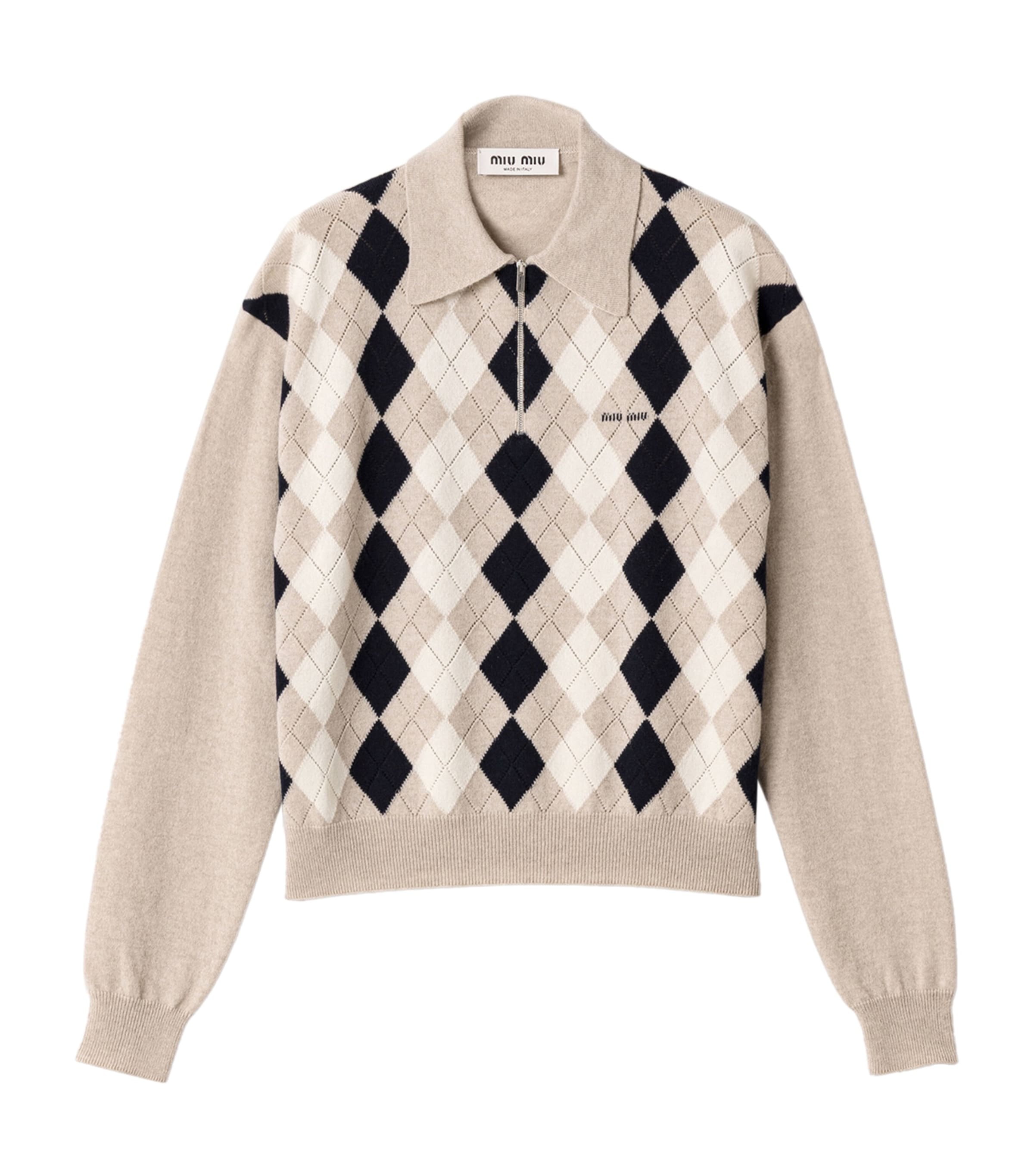 Miu Miu Womens Cashmere Argyle Polo Sweater Neutral