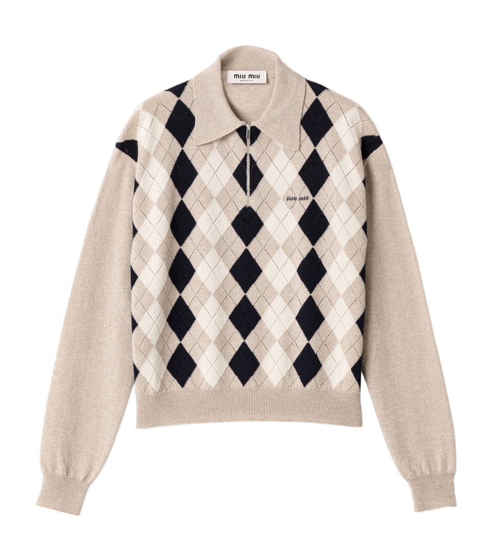 Miu Miu Womens Cashmere Argyle Polo Sweater Neutral
