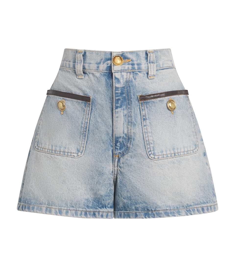 Sandro Paris Womens Leather-Trim Denim Shorts Blue Jean