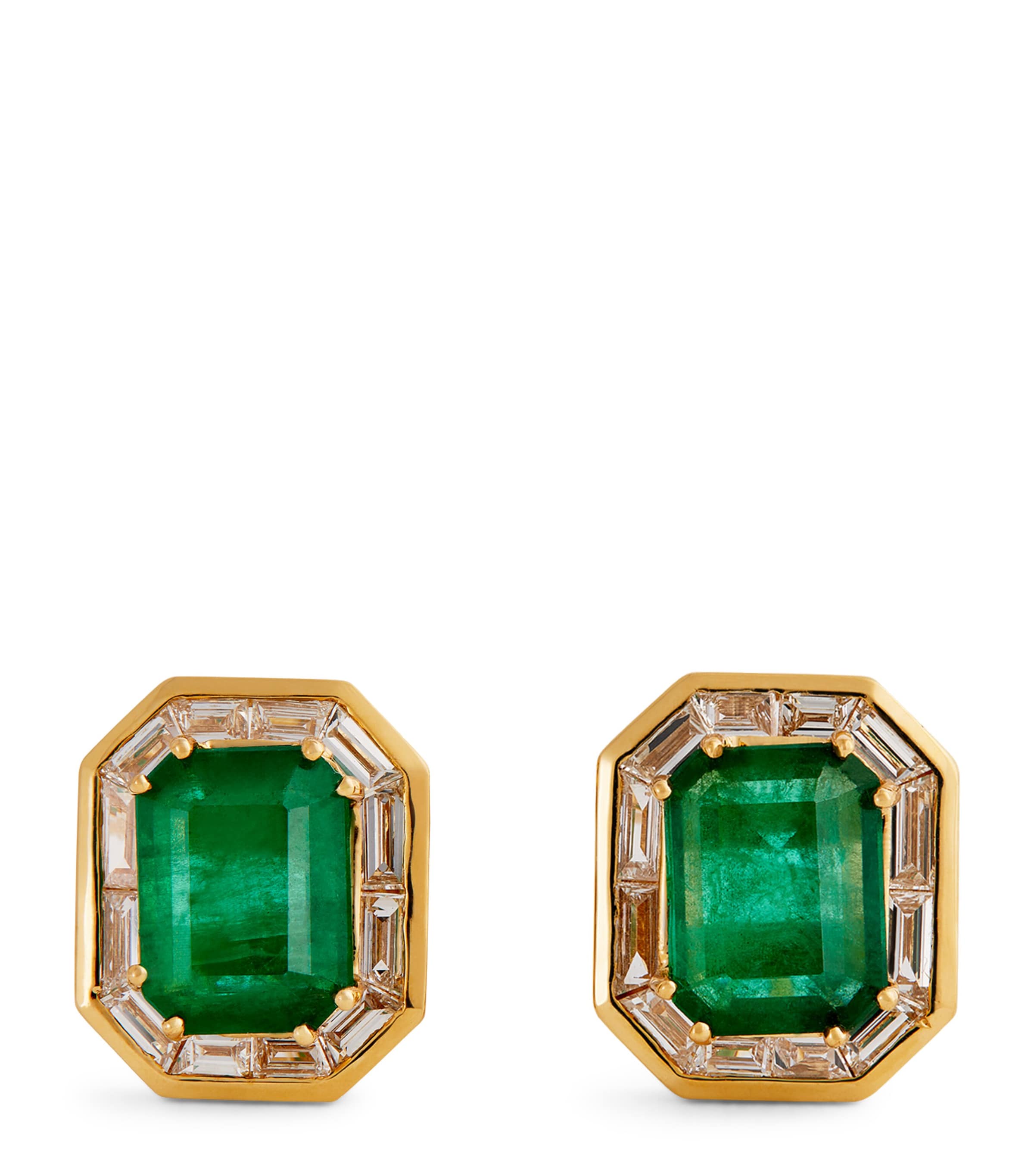 Yellow Gold, Diamond and Emerald Halo Stud Earrings