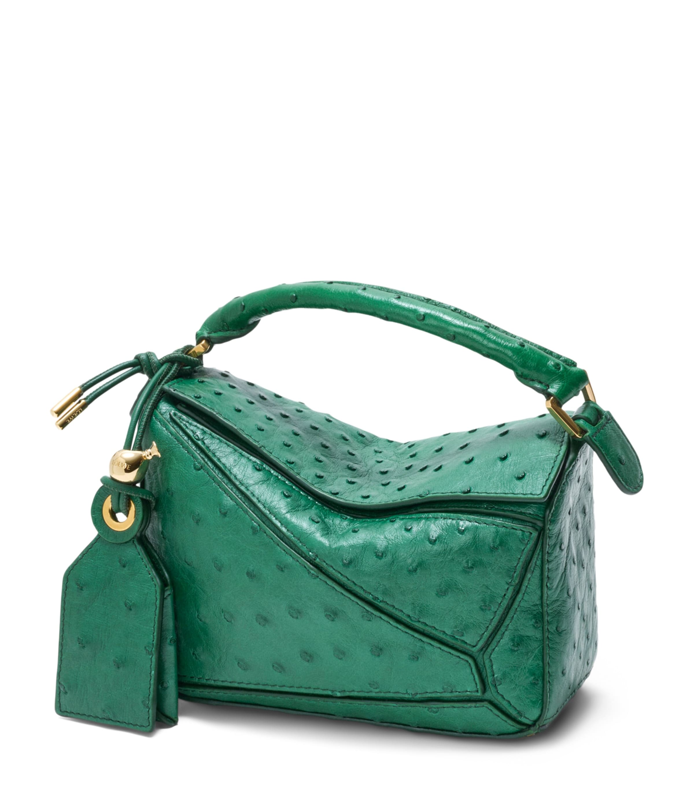 LOEWE Mini Ostrich Leather Puzzle Top-Handle Bag Emerald Green