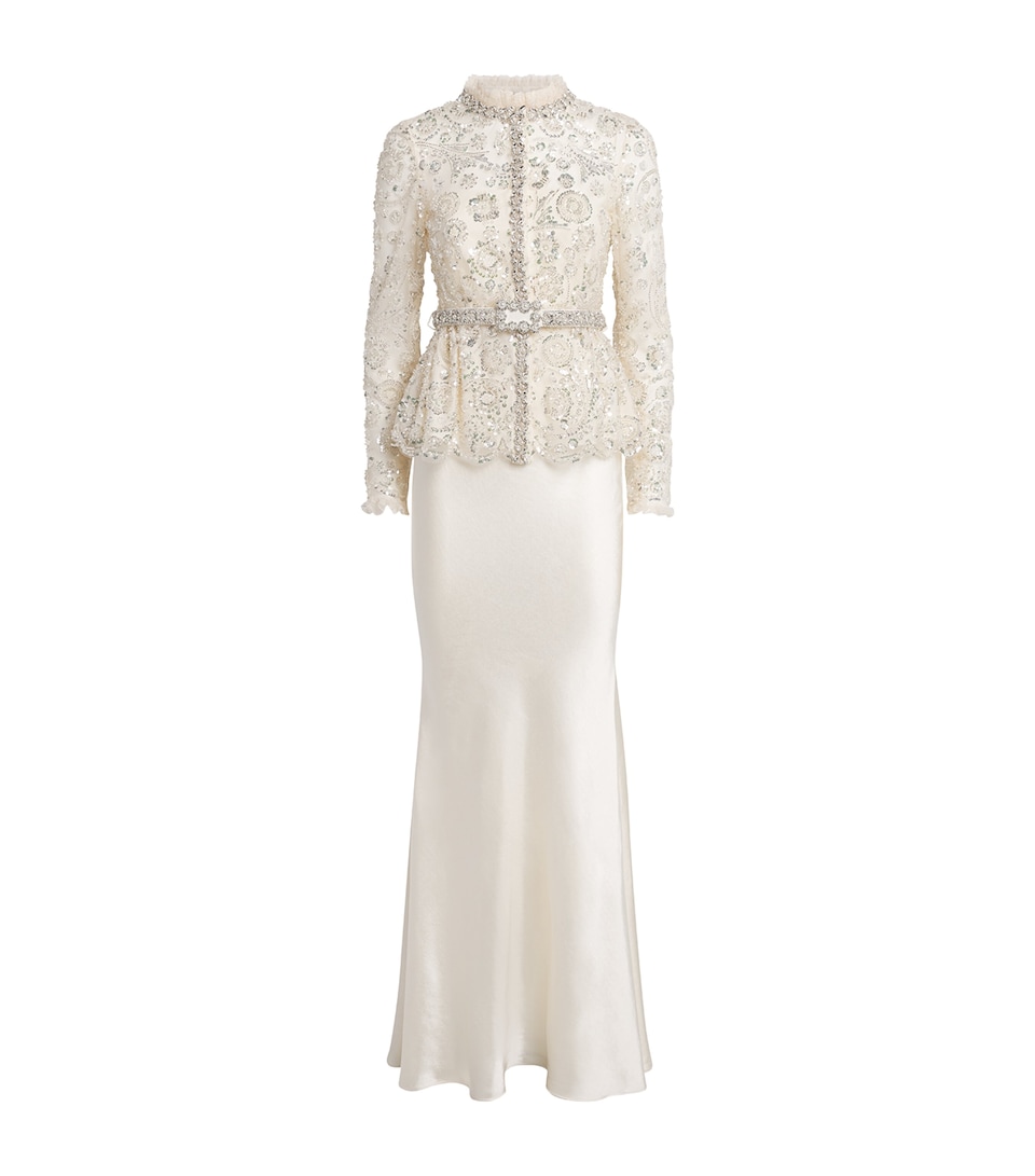 Self-Portrait Womens Satin Sequin-Embellished Gown Cream