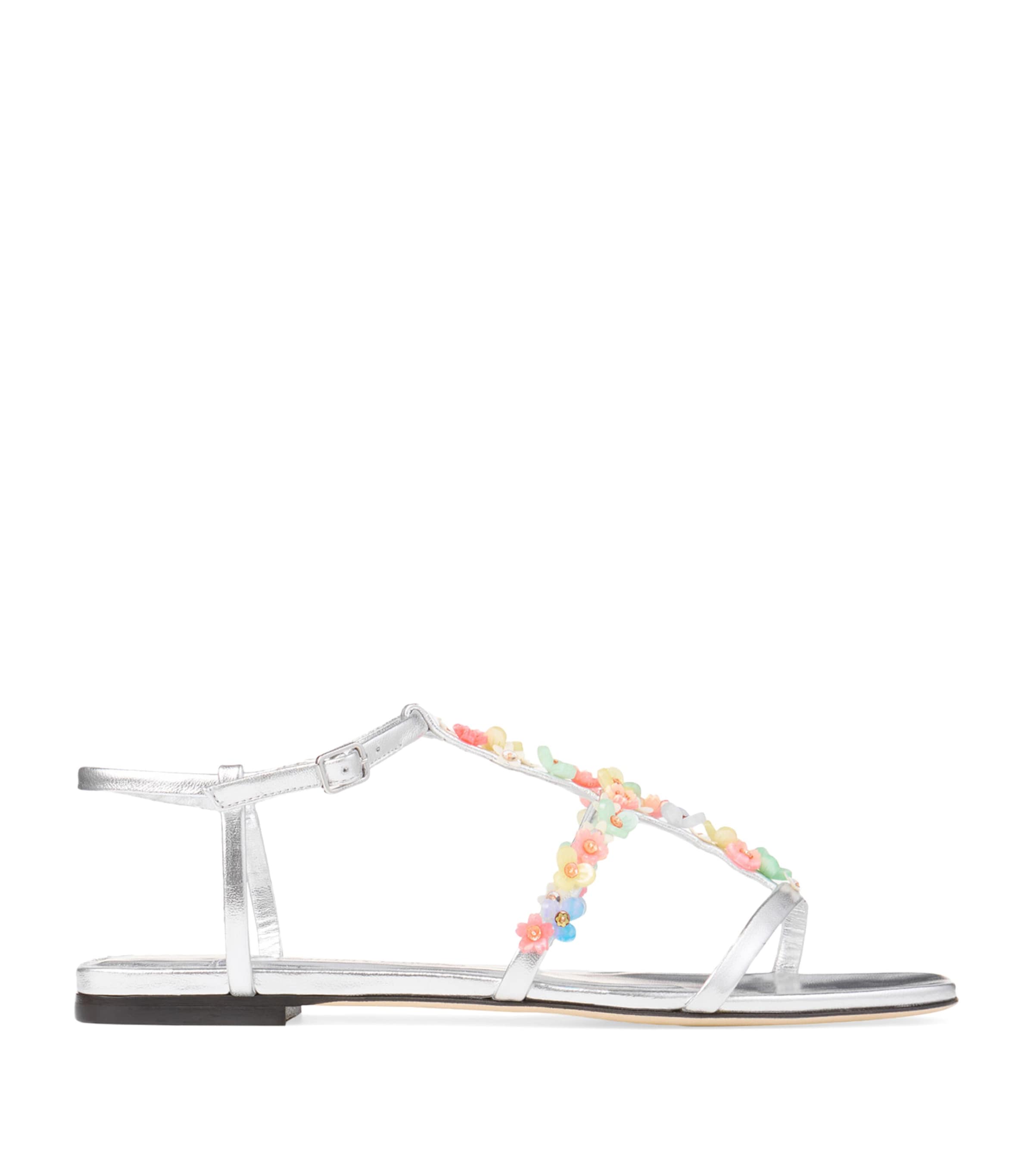 Gwyn Flat Daisy Leather Embroidered Sandals