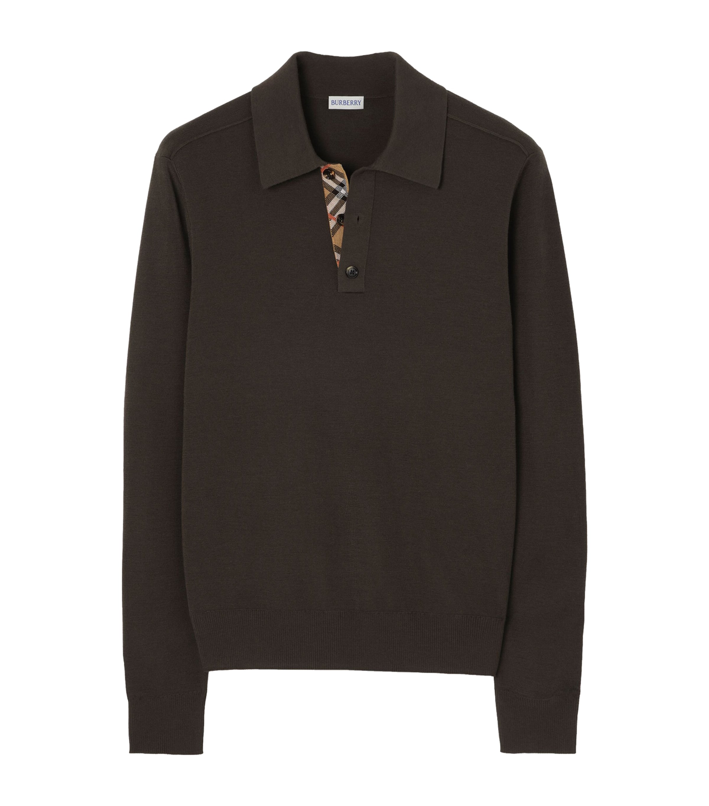Burberry Mens Wool Check-Detail Long-Sleeve Polo Shirt Chocolate Brown