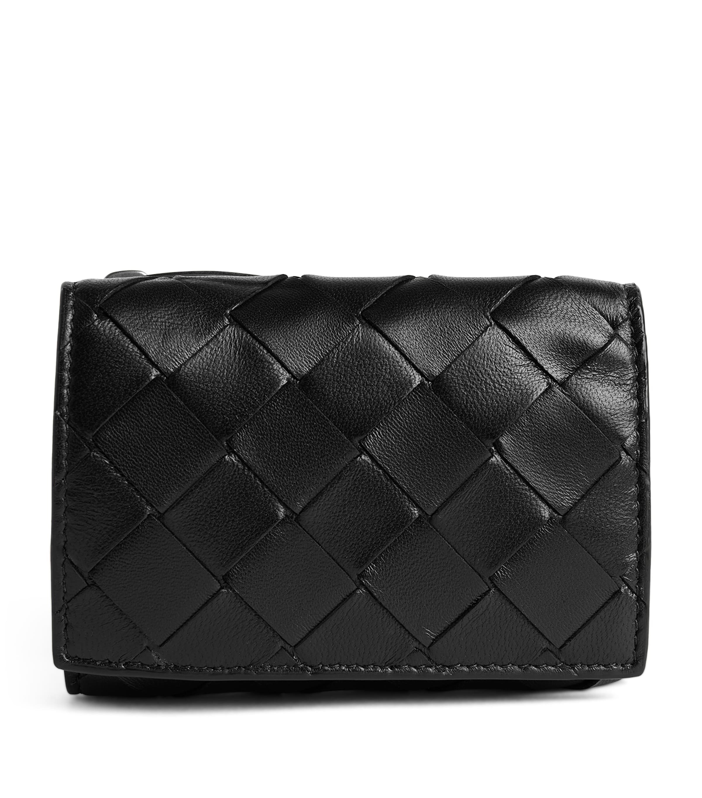 Bottega Veneta Leather Intrecciato Trifold Wallet Black Gold