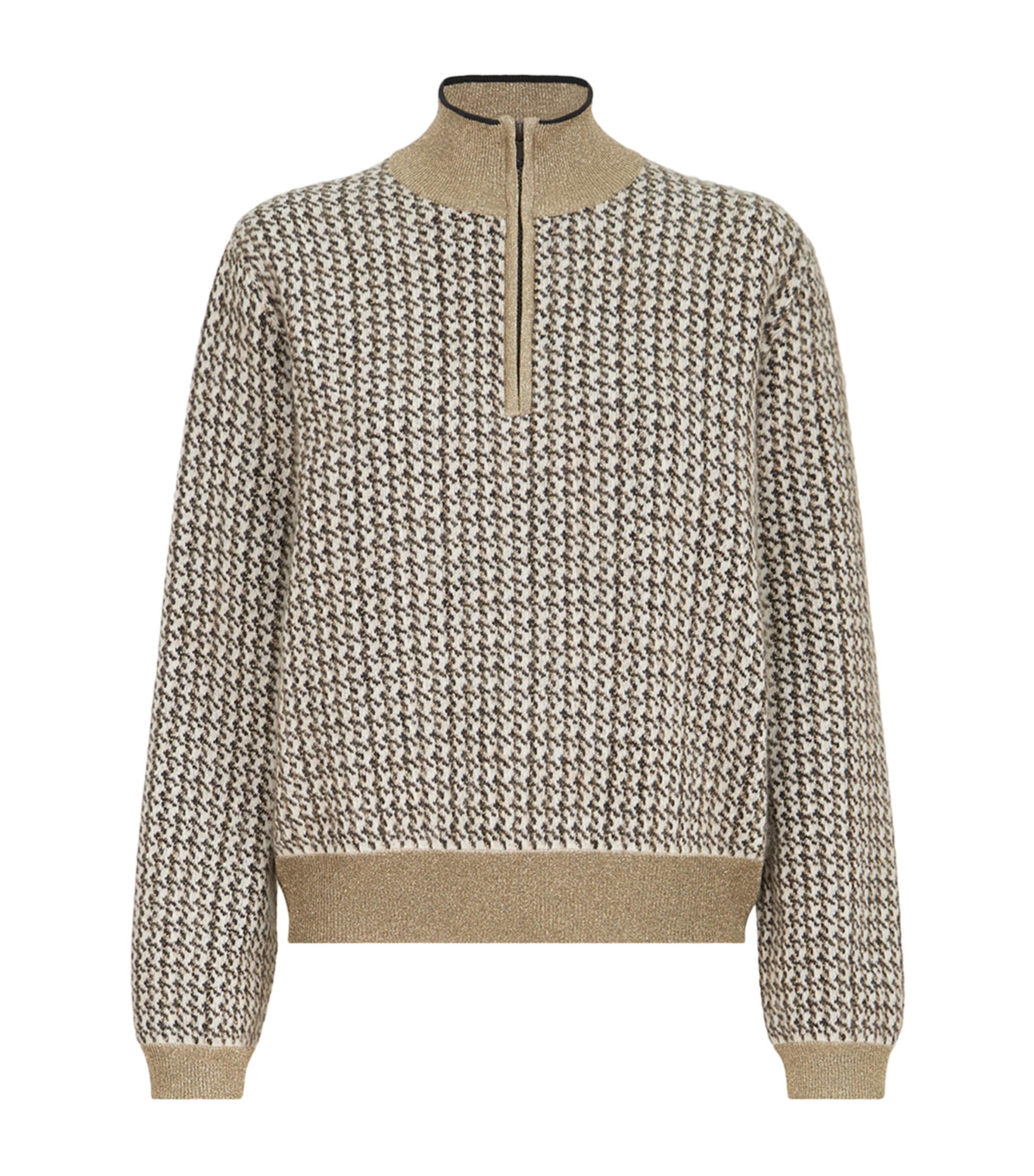 Brunello Cucinelli Womens Sparkling Houndstooth Half-Zip Sweater Beige+black