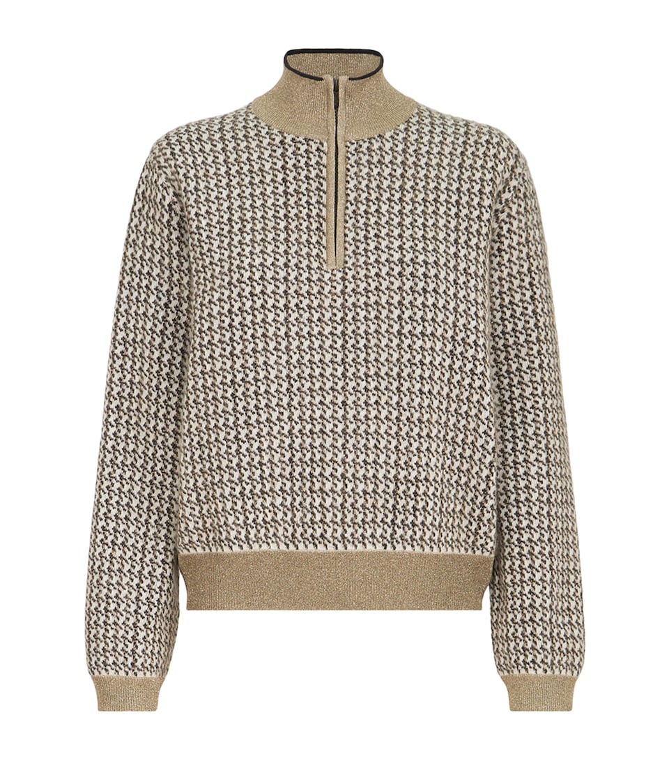 Brunello Cucinelli Womens Sparkling Houndstooth Half-Zip Sweater Beige+black
