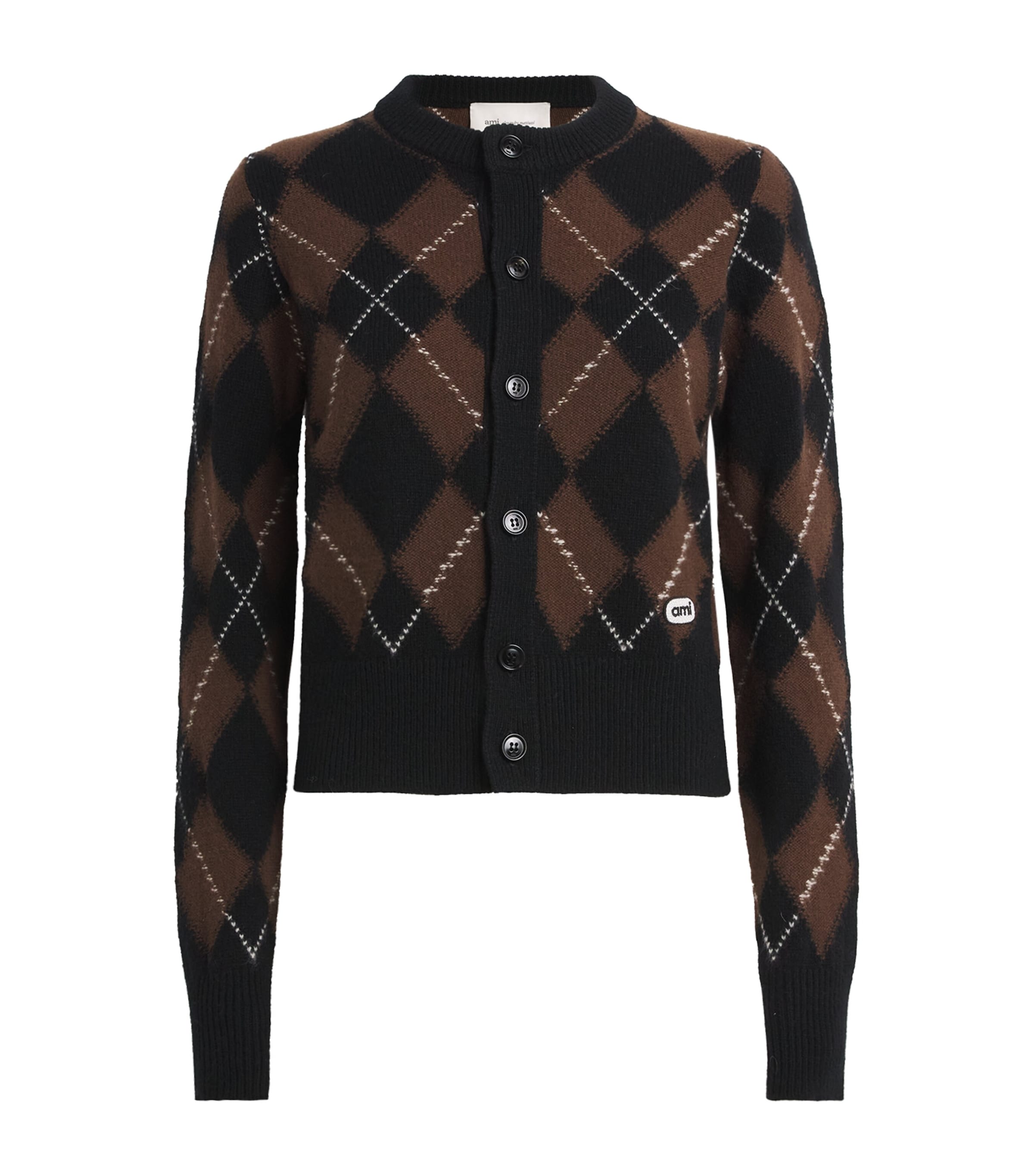 AMI Paris Womens Wool Argyle Cardigan Noir/marron Chocolat