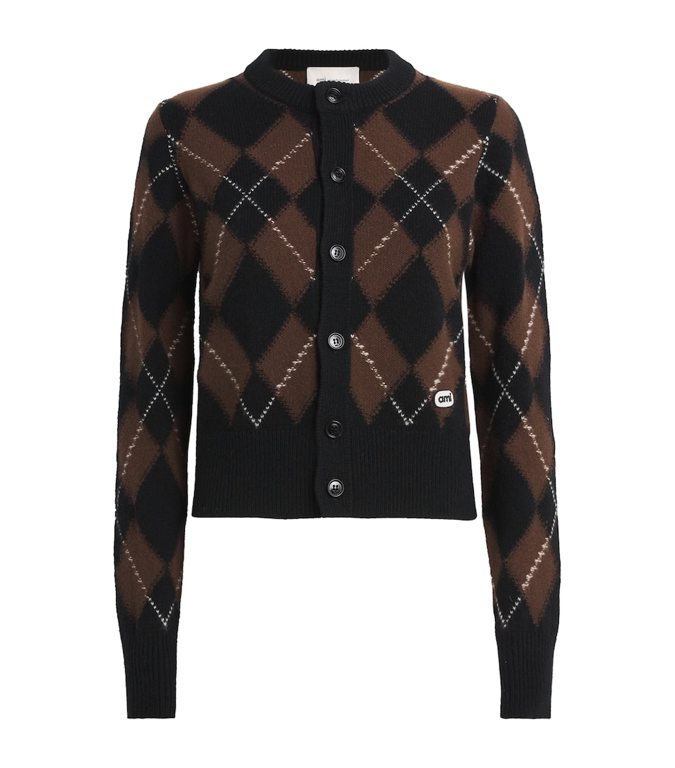 AMI Paris Womens Wool Argyle Cardigan Noir/marron Chocolat