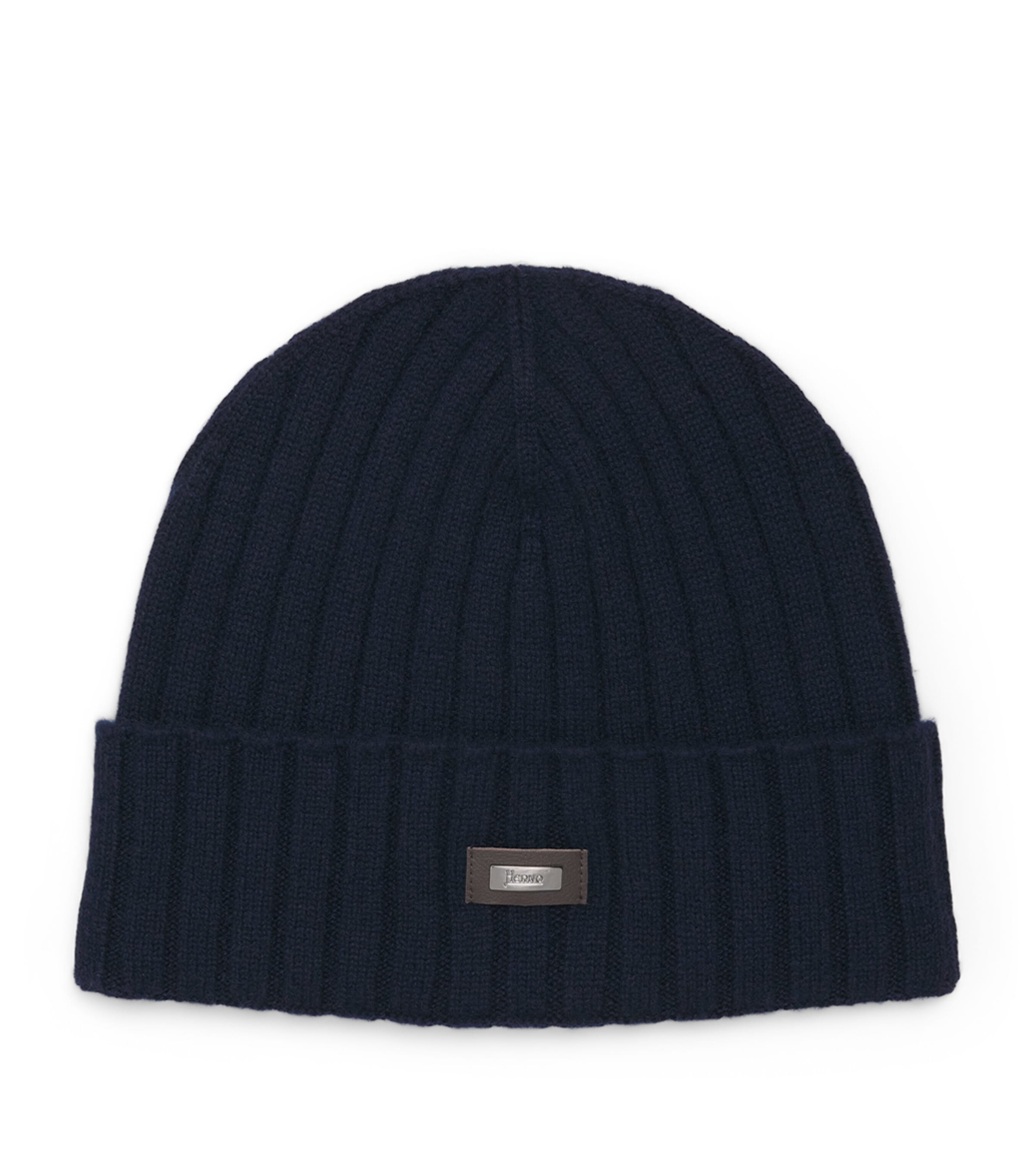 Herno Cashmere Logo Patch Beanie Blu Scuro