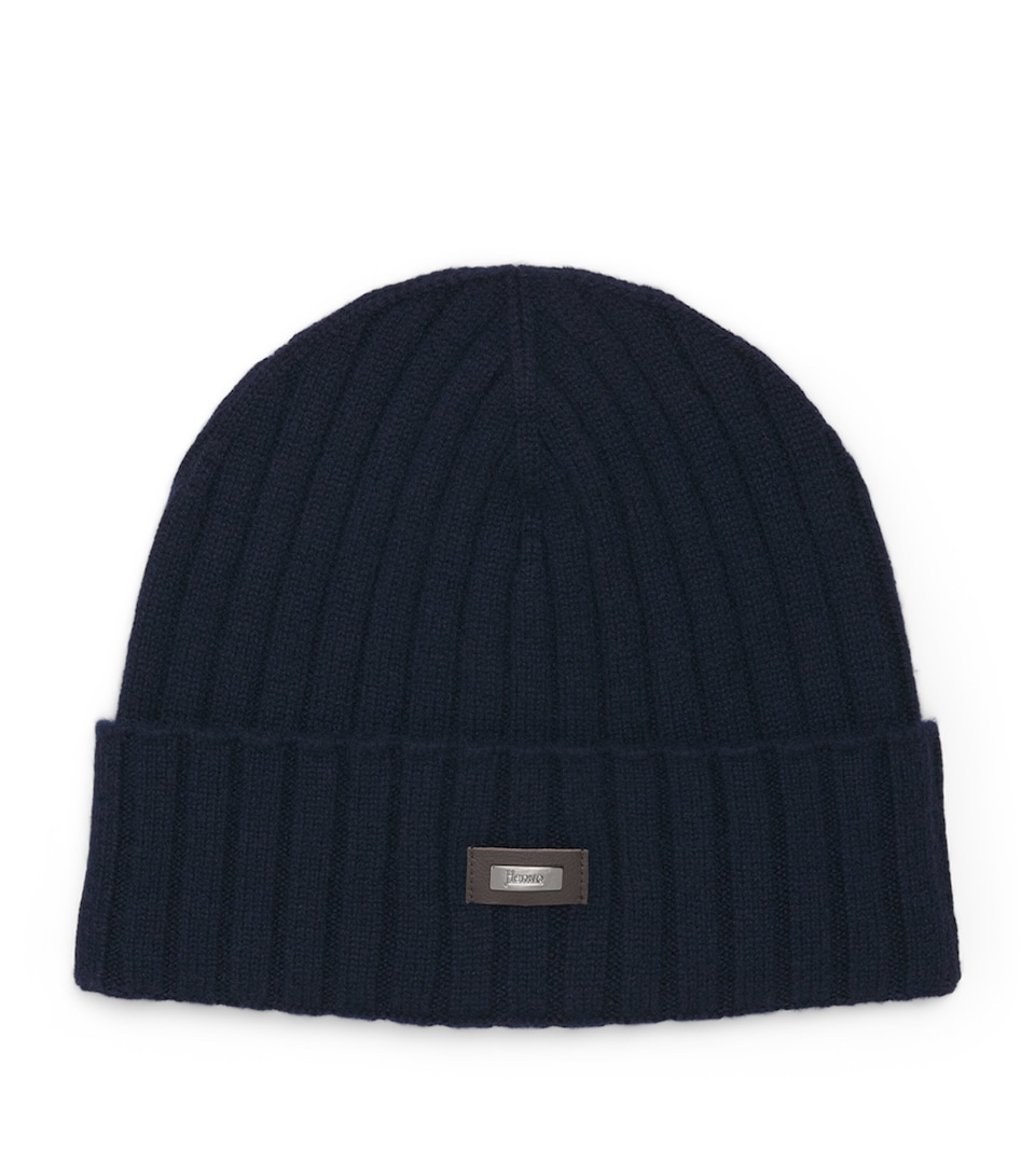 Herno Cashmere Logo Patch Beanie Blu Scuro