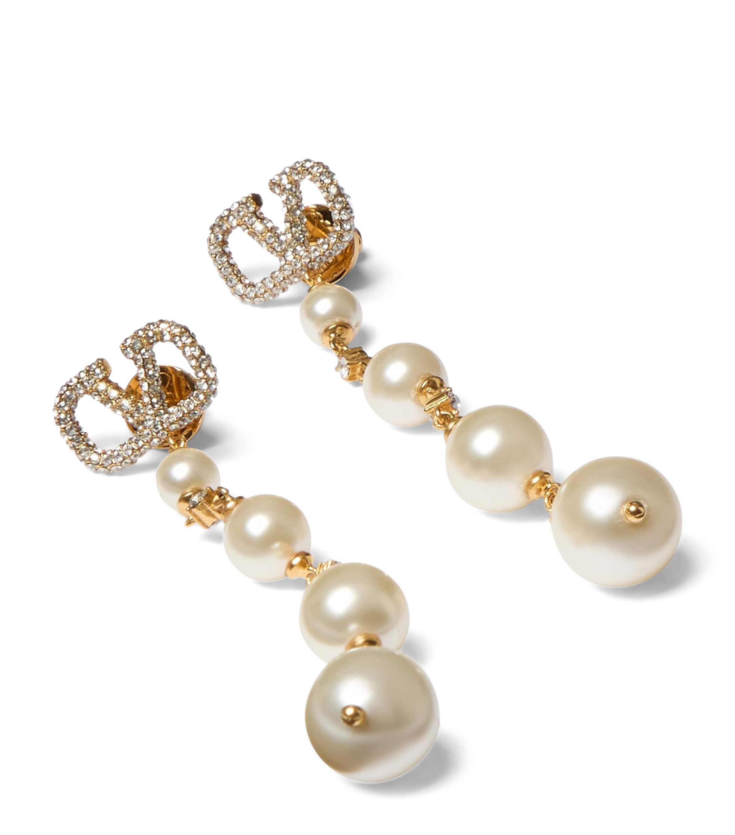 Embellished VLogo and Faux Pearl Drop Earrings