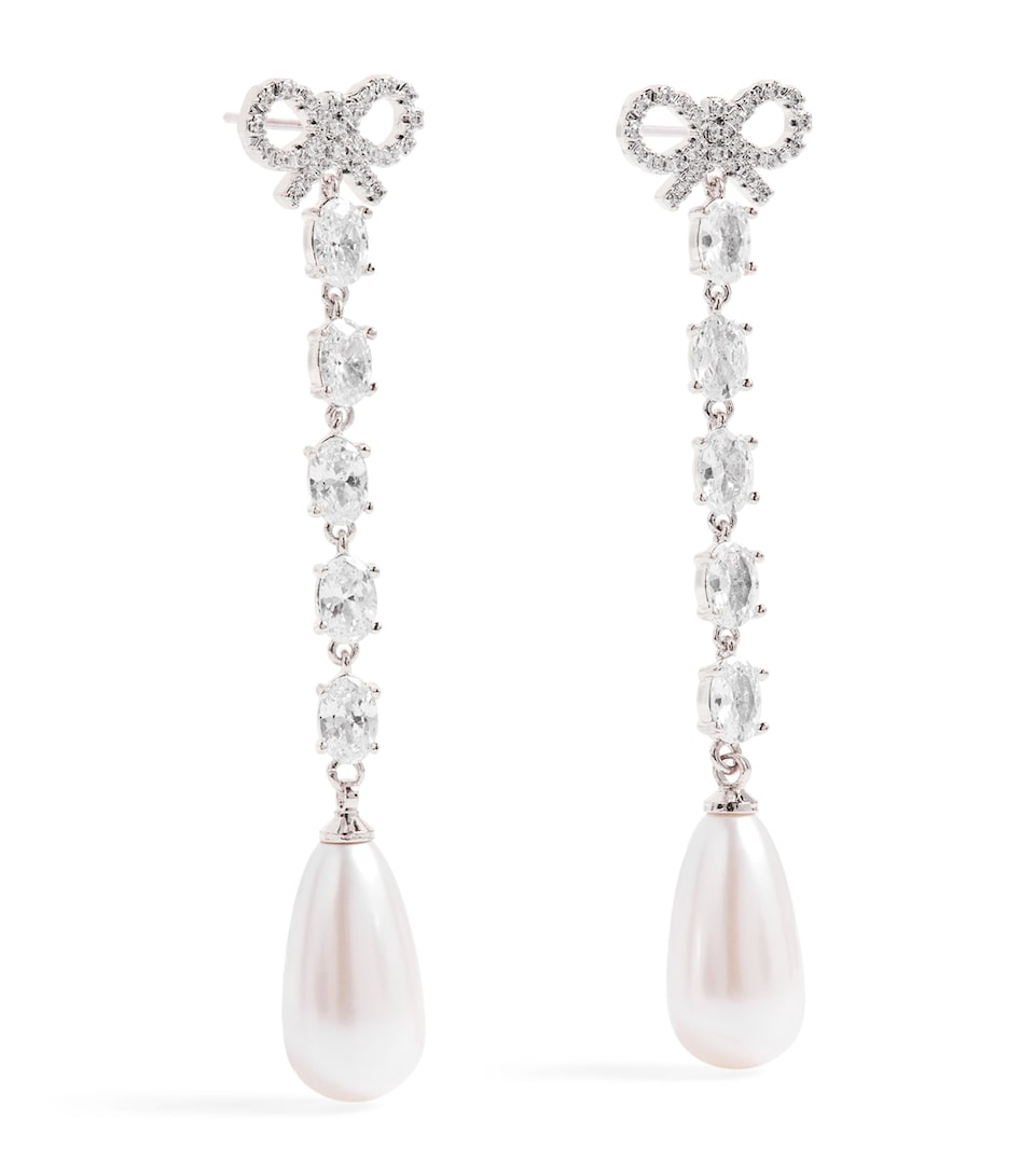 Crystal and Faux Pearl Bow Drop Earrings
