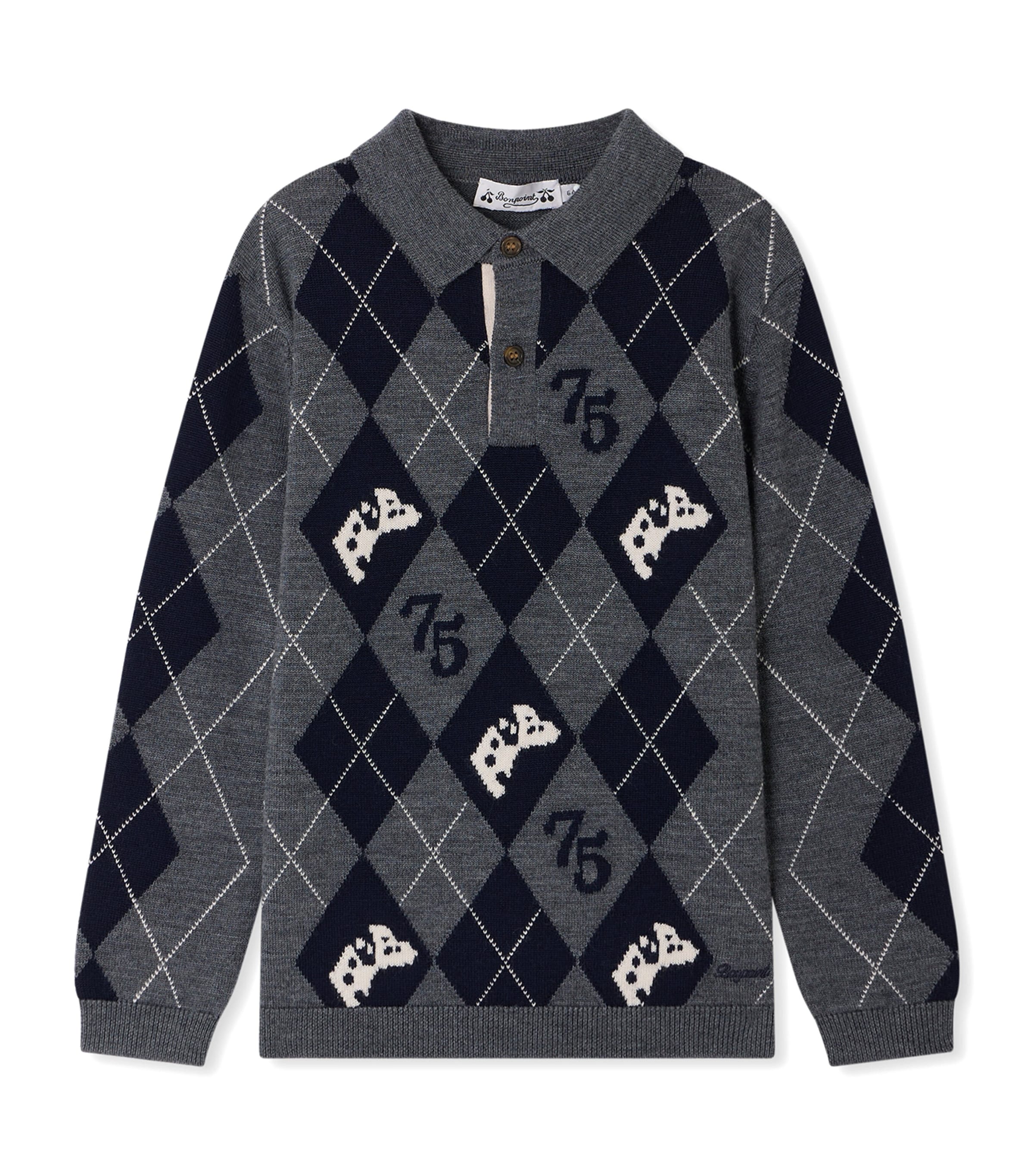 Bonpoint Wool Argyle Polo Sweater (4-8 Years) Di.gris Ardoise
