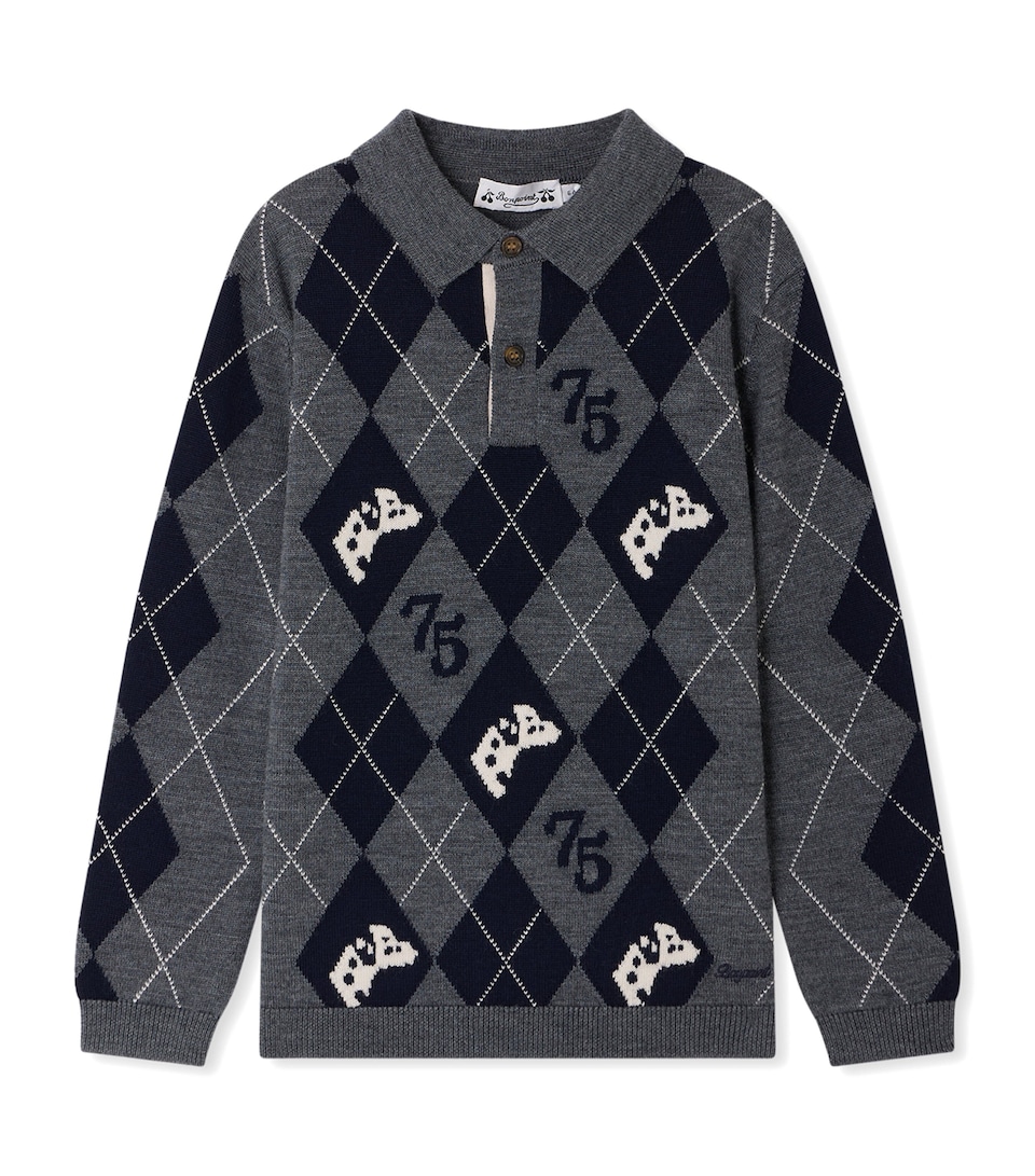 Bonpoint Wool Argyle Polo Sweater (4-8 Years) Di.gris Ardoise