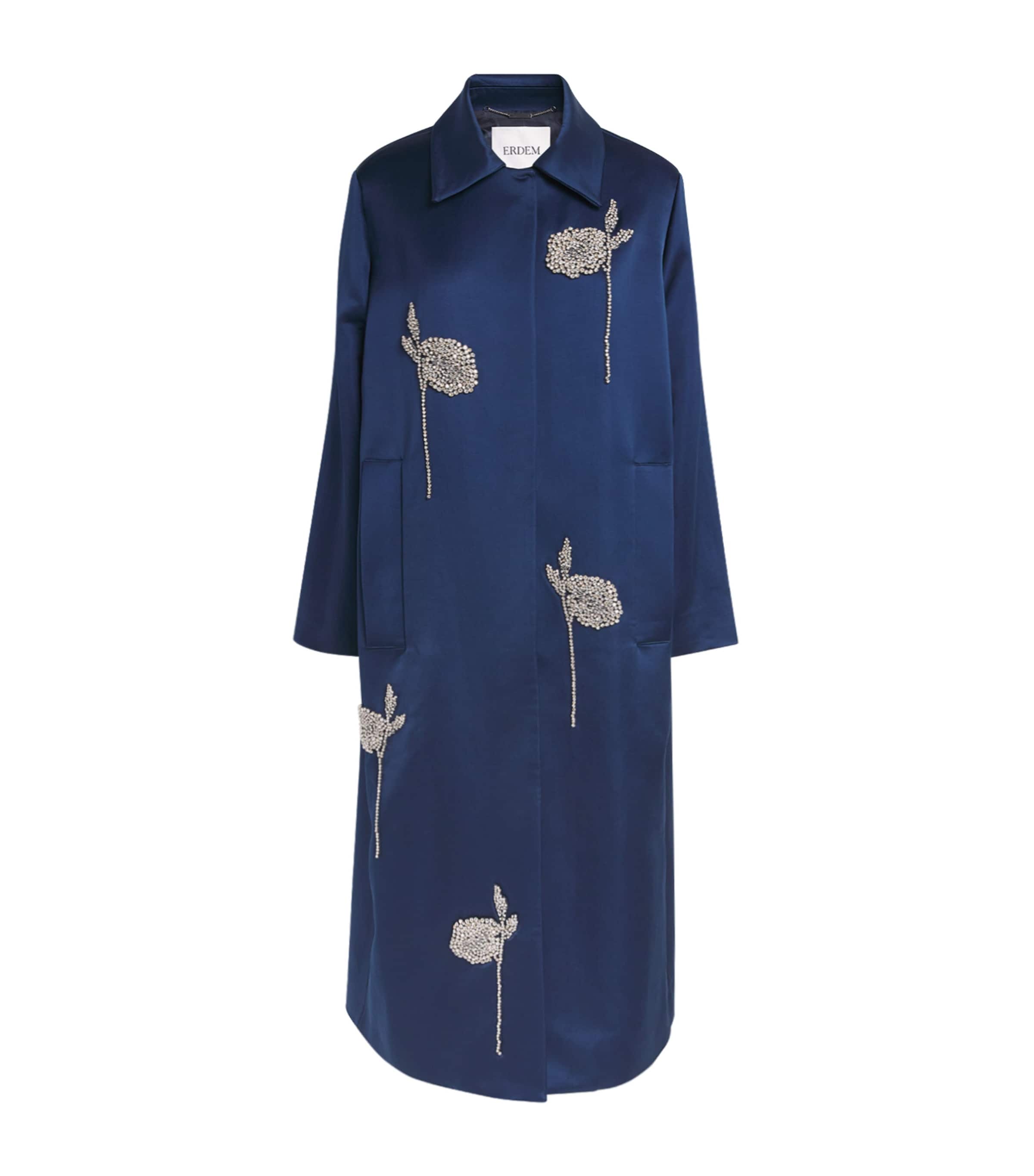 Erdem Womens Embroidered Satin Coat Navy