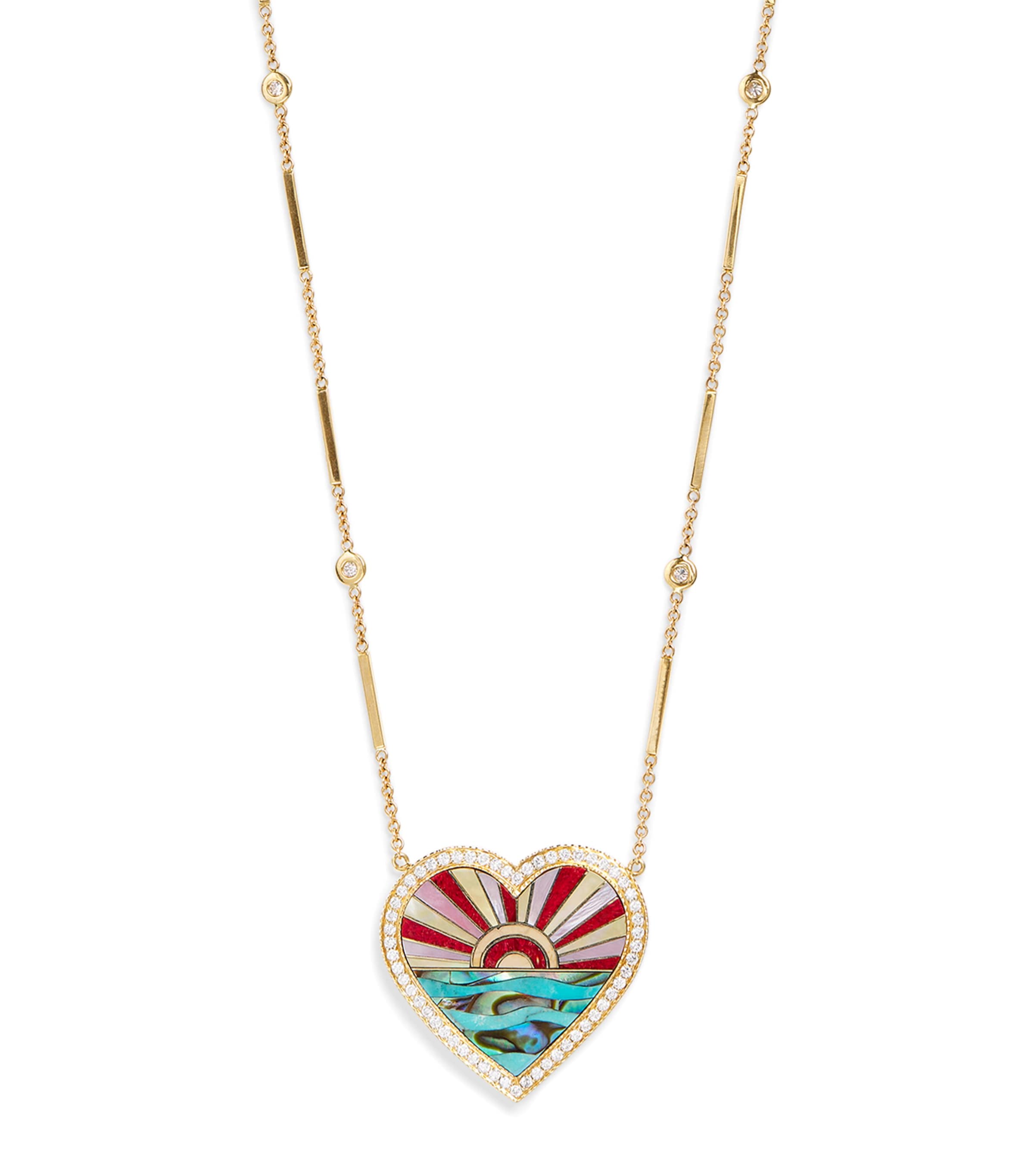 Yellow Gold, Diamond, Turquoise and Pearl Coral Sunshine Heart Necklace