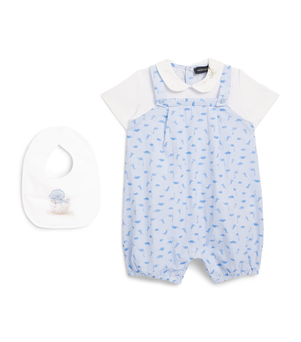 Monnalisa Cotton Dinosaur Playsuit and Bib Set (1-9 Months) White+cloud