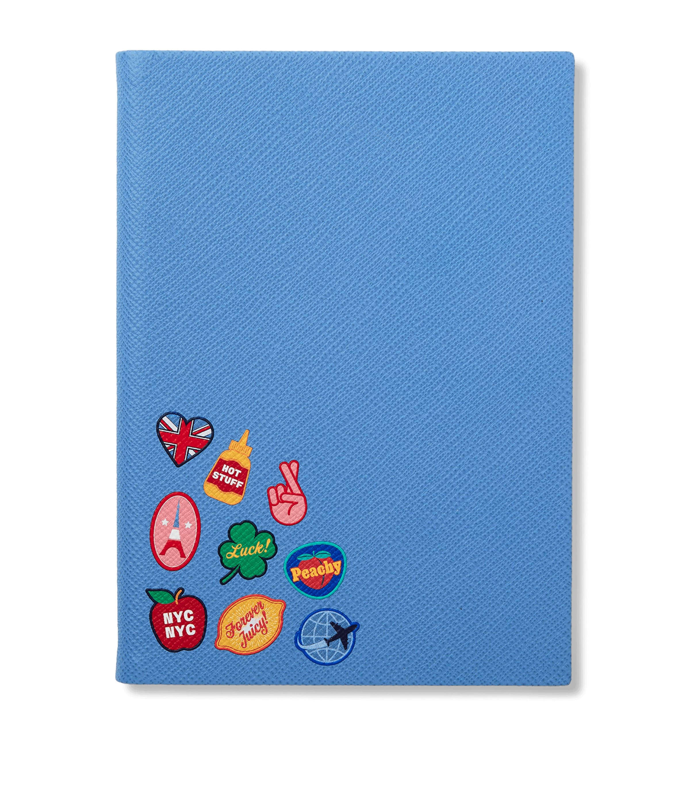 Smythson Leather Soho Panama Notebook with Stickers N Blue