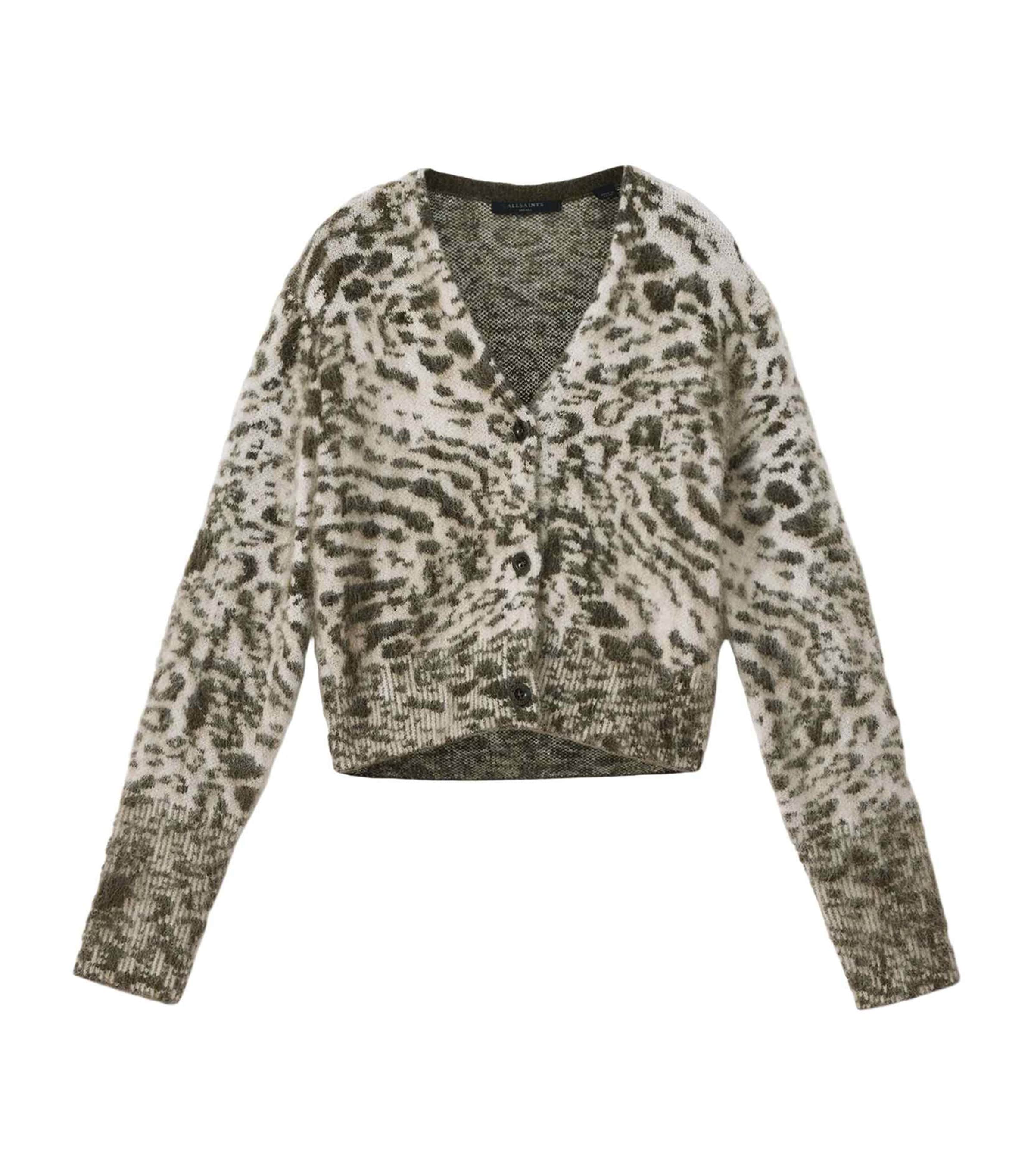 AllSaints Womens Leopard Print Amur Cardigan Chalk White/green