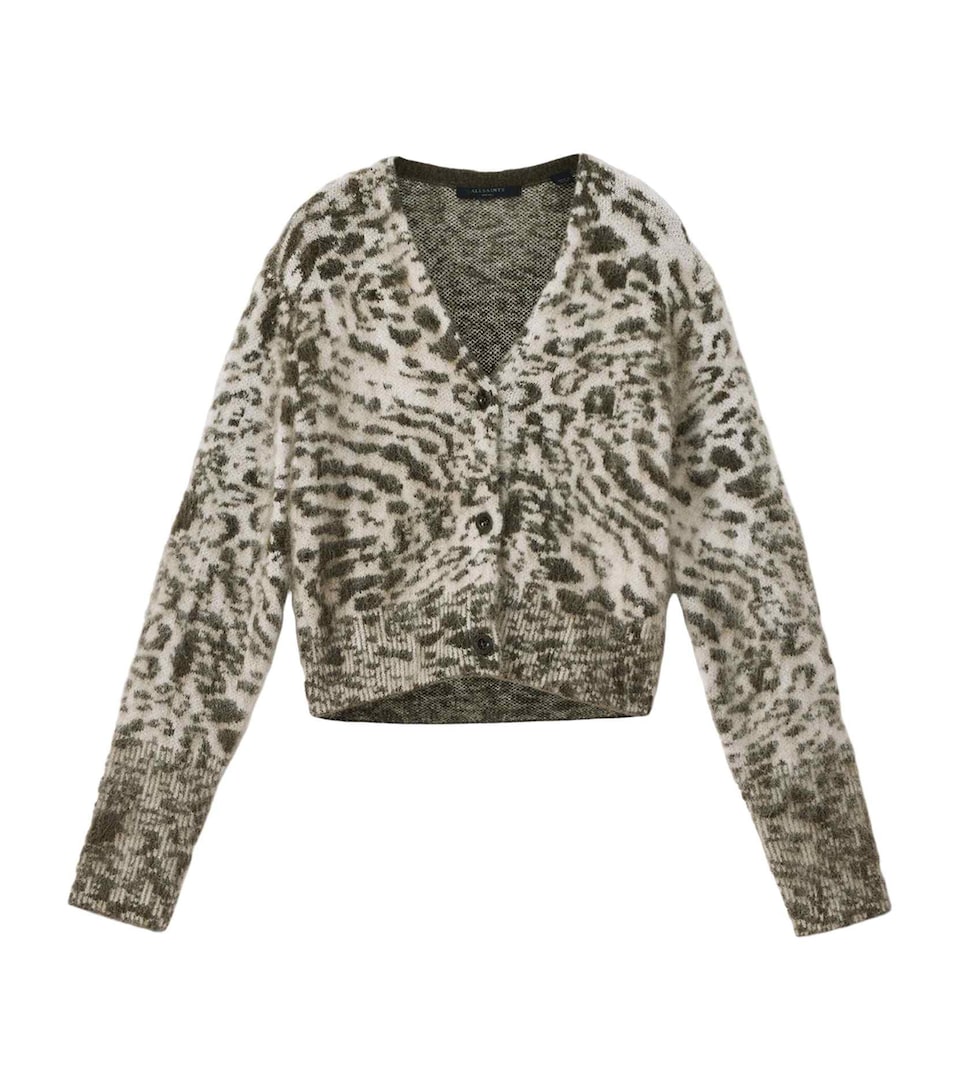AllSaints Womens Leopard Print Amur Cardigan Chalk White/green