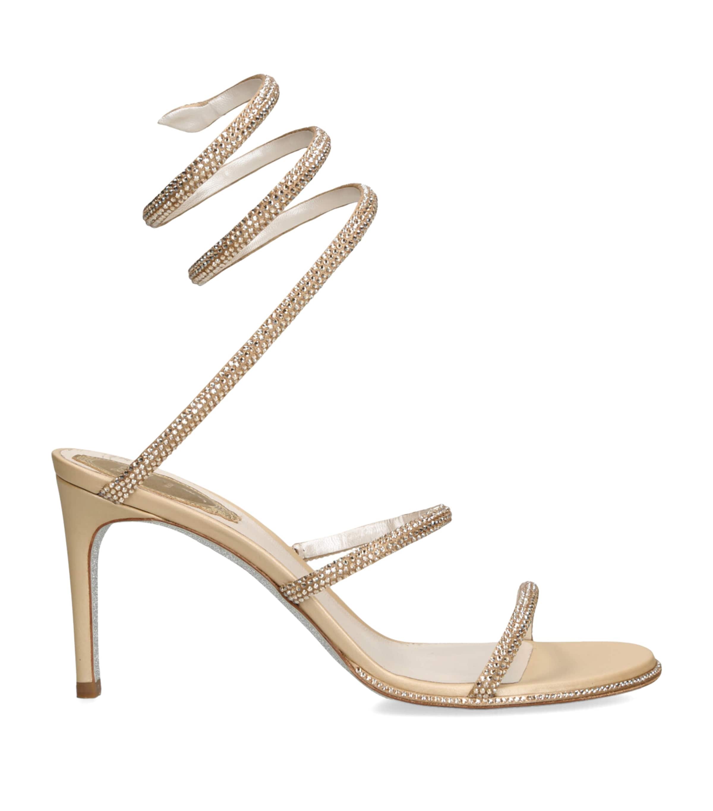 René Caovilla Satin Embellished Cleo Sandals 80 Beige Comb