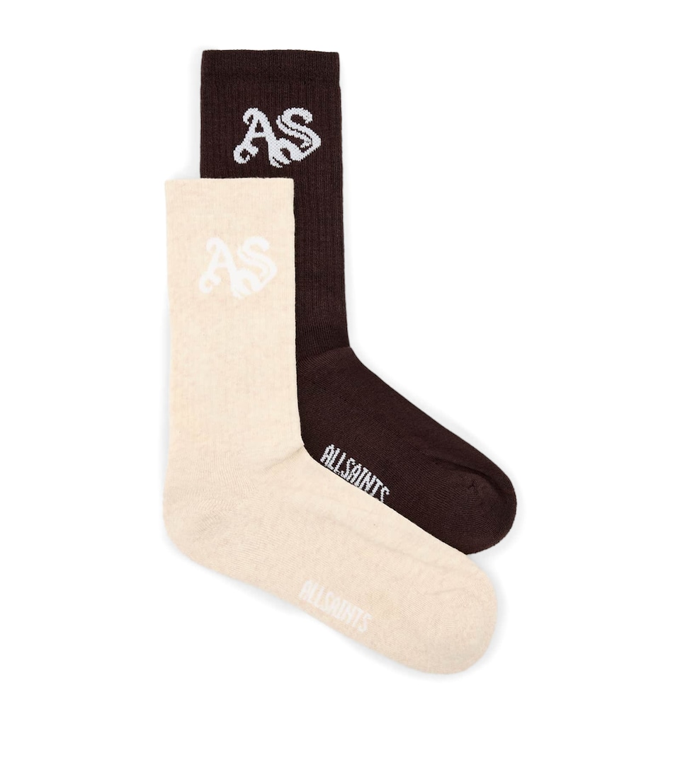 AllSaints Womens Cotton-Blend Logo Socks (Pack of 2) Cream/bottle Brown