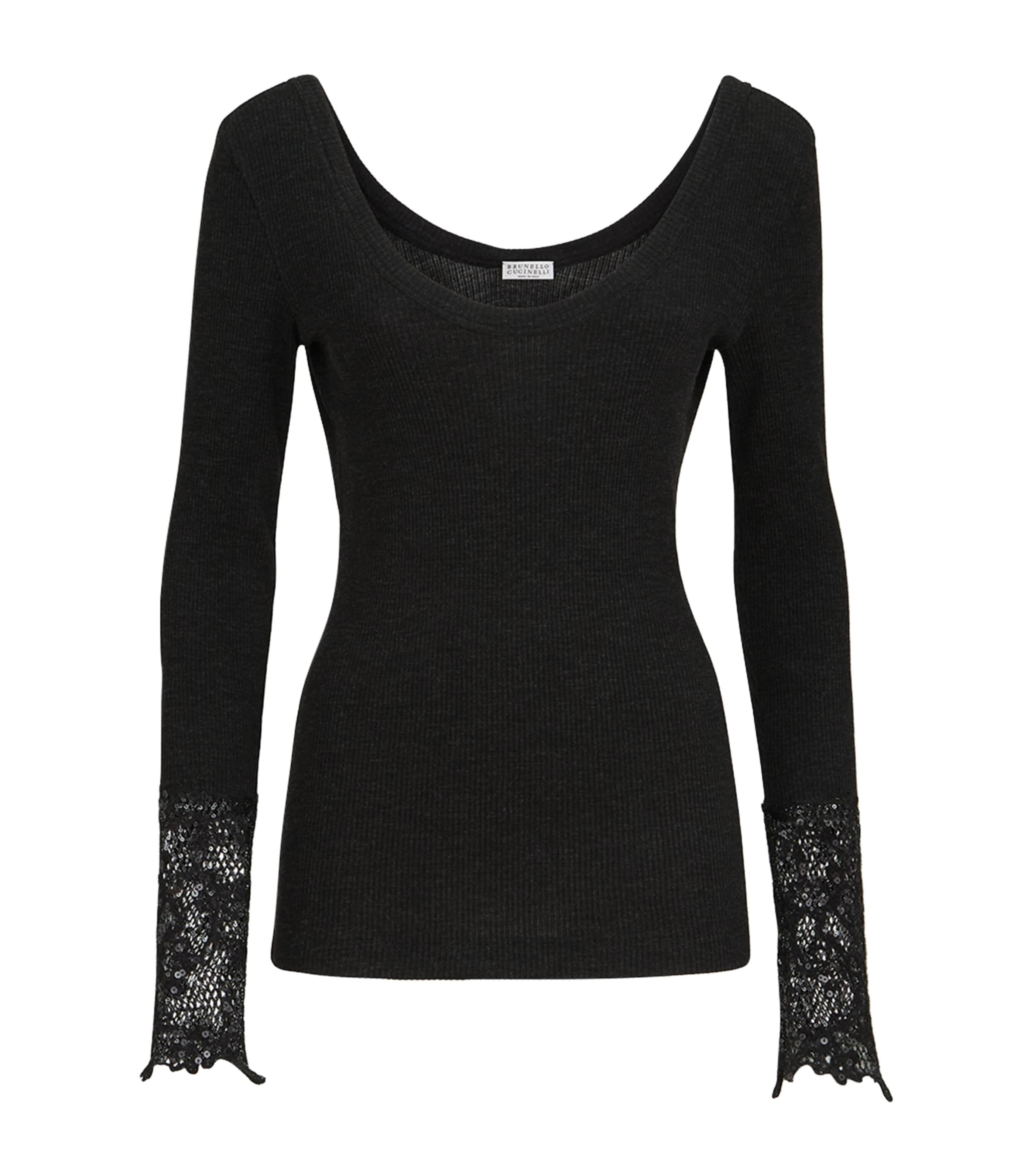 Brunello Cucinelli Womens Wool Lace-Cuff Sweater Antracite