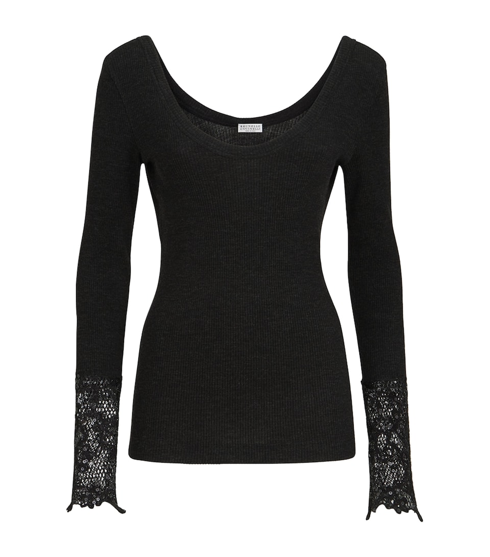 Brunello Cucinelli Womens Wool Lace-Cuff Sweater Antracite