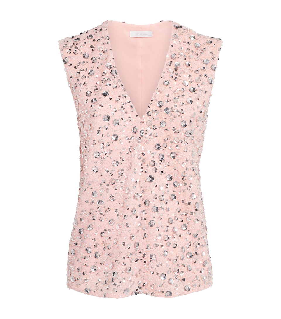 Rabanne Womens Sequin Embellished Sleeveless Top Lght Flwr Embroidery