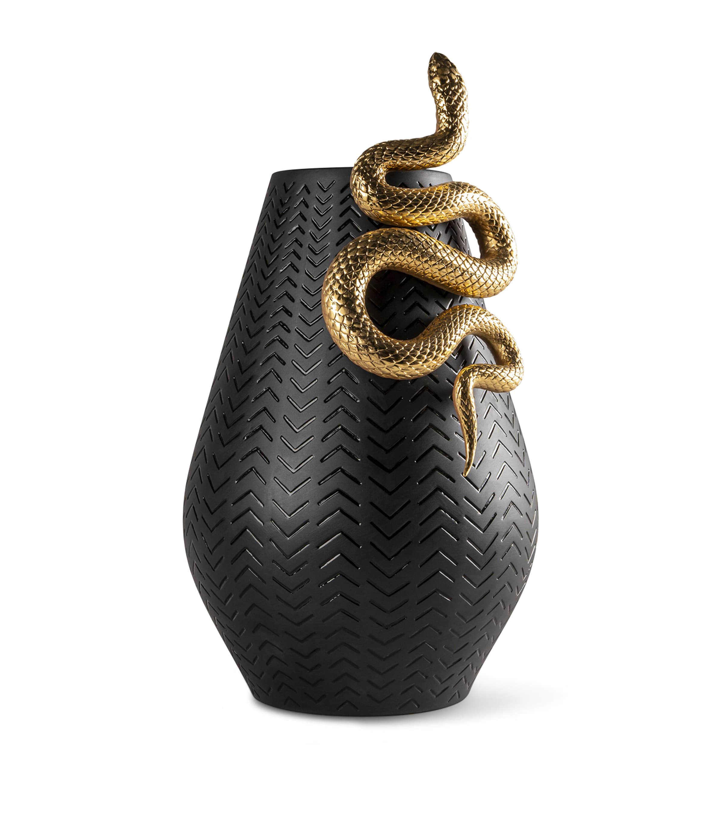 Lladró Porcelain Snake Vase (42cm) Black & Gold
