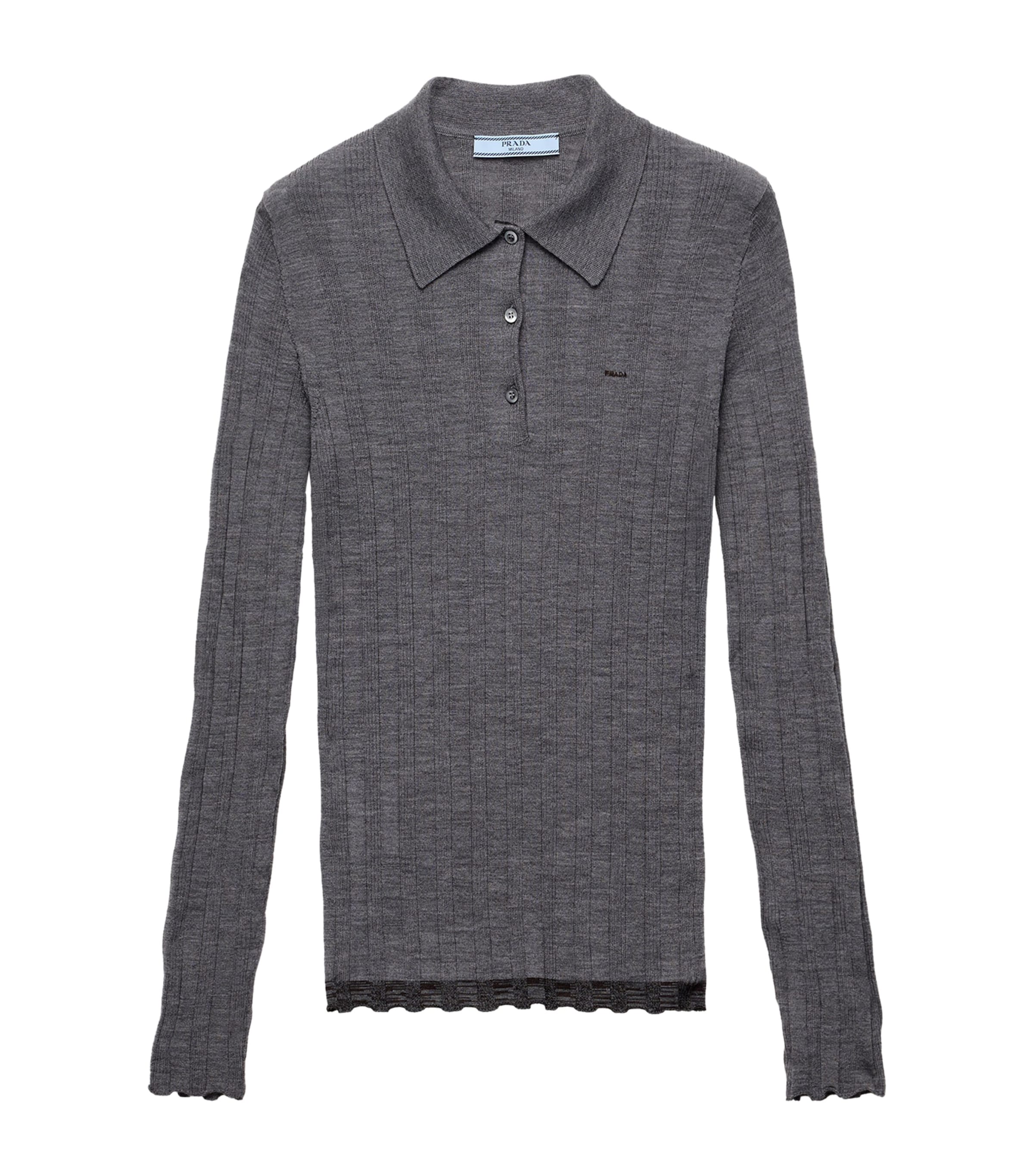 Prada Womens Wool Ribbed Polo Sweater Grey