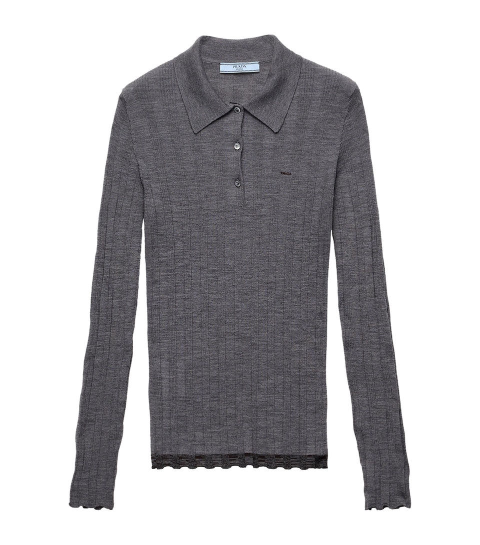 Prada Womens Wool Ribbed Polo Sweater Grey