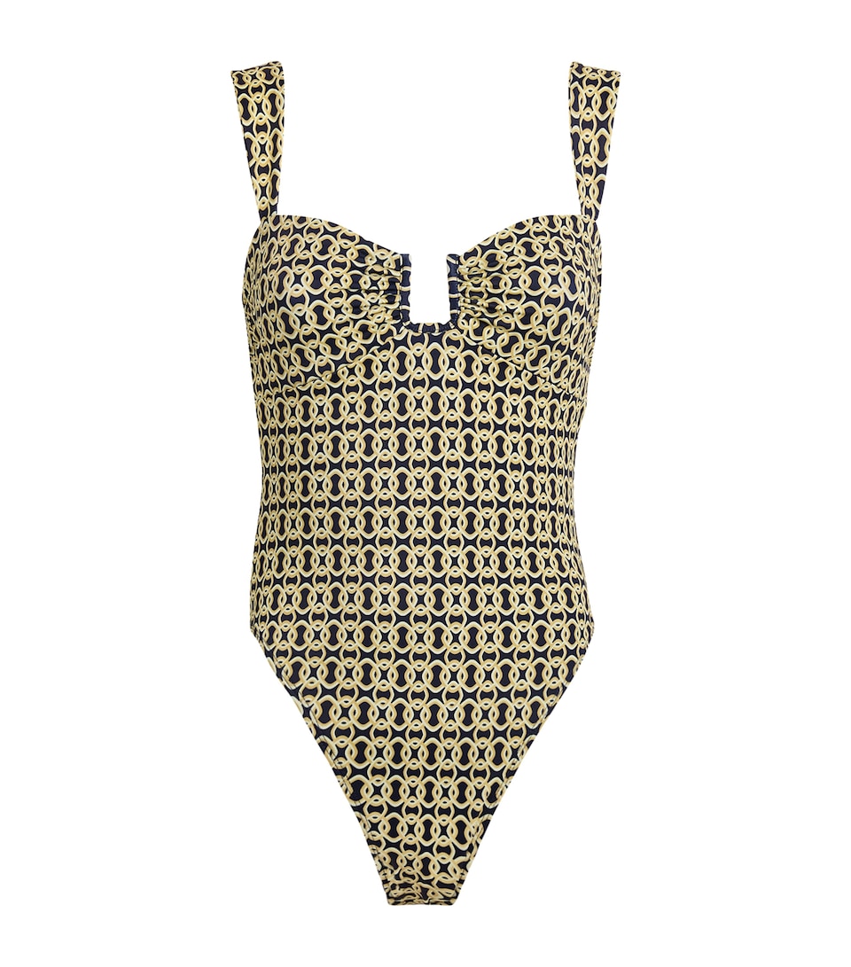 AWAY THAT DAY Womens Geometric Print Cannes Swimsuit Navy/gold Link Prnt