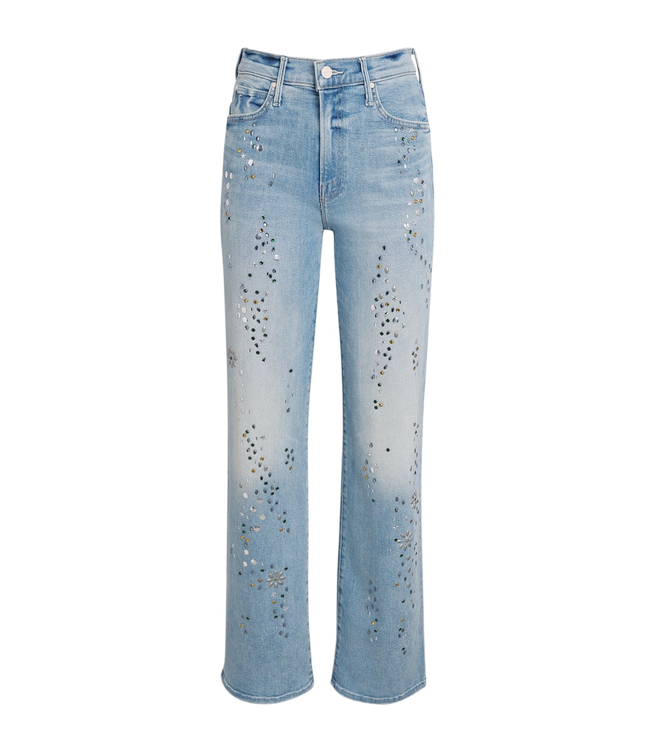 MOTHER Womens Embellished The Kick It Straight Jeans Shooting Stars