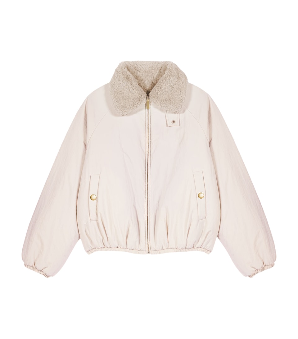 Maje Womens Faux-Fur Collar Bomber Jacket Beige