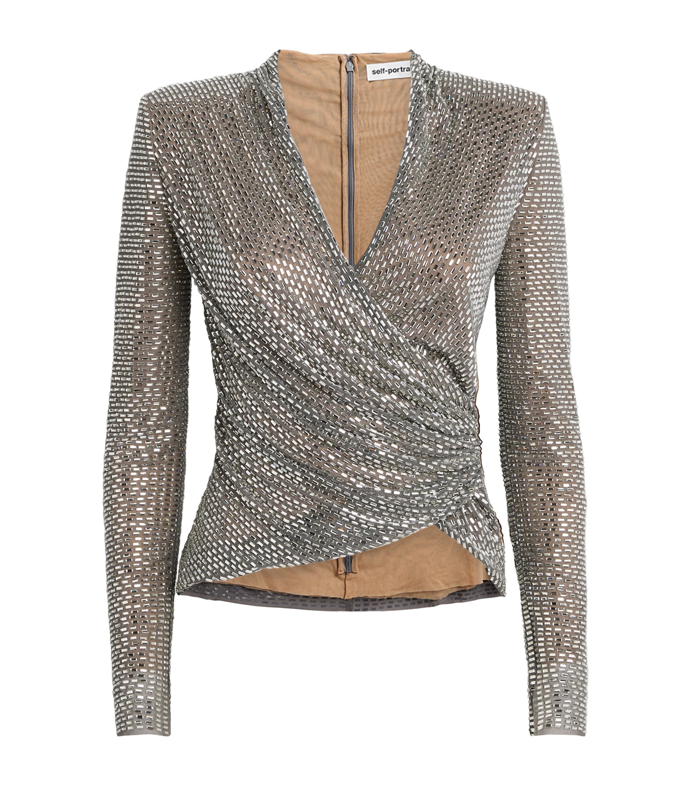Self-Portrait Womens Rhinestone-Embellished Wrap Top Grey