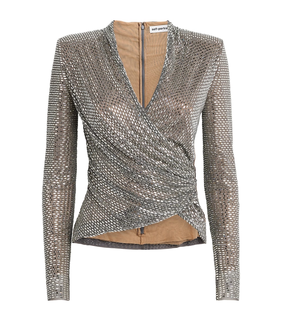 Self-Portrait Womens Rhinestone-Embellished Wrap Top Grey