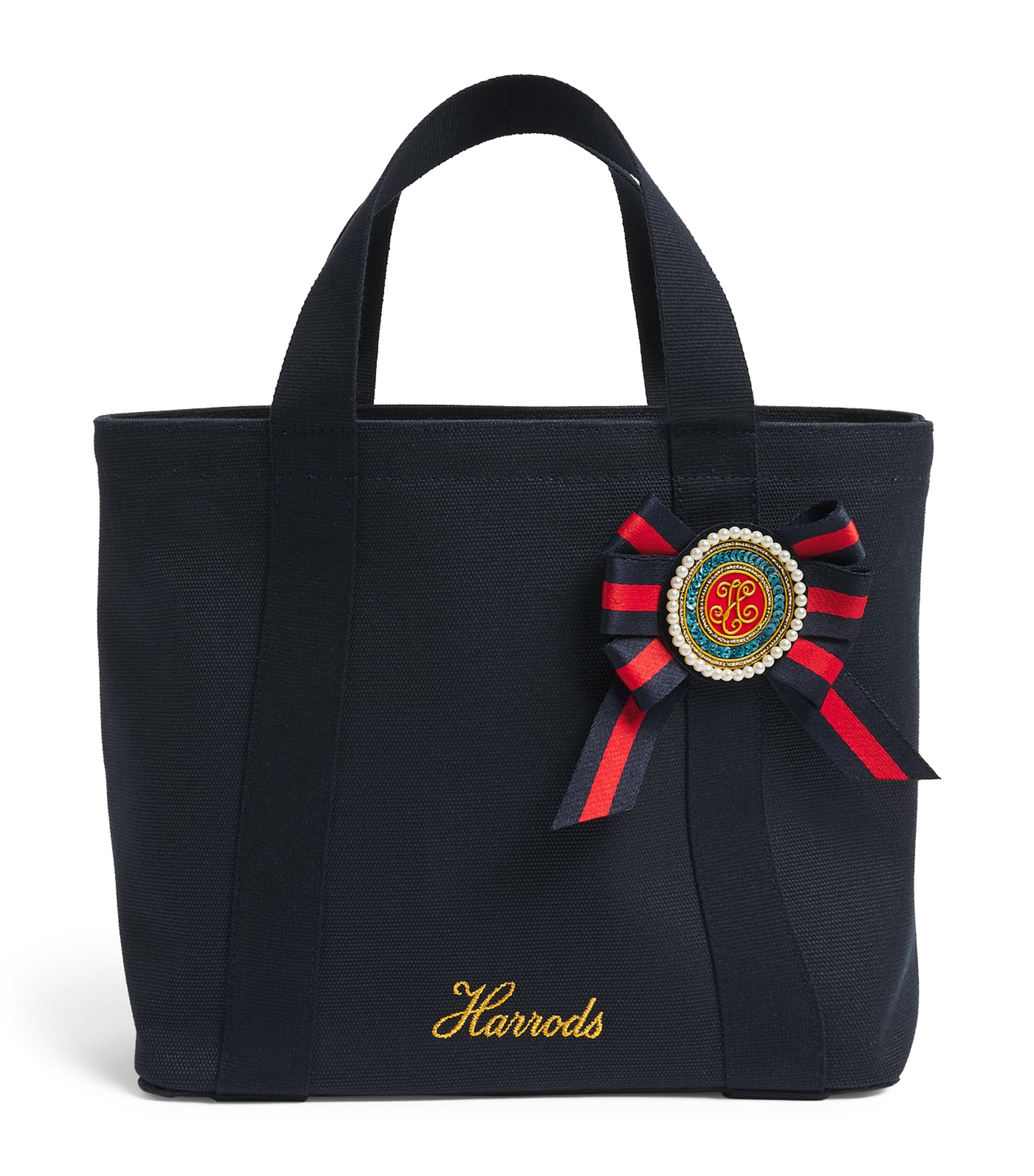 Harrods Small Cotton Canvas British Rosette Tote Bag Navy