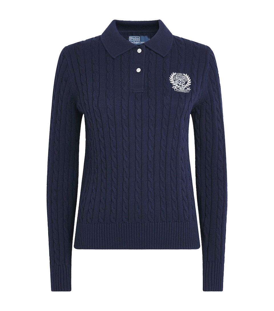 Polo Ralph Lauren Womens x Wimbledon Cotton Cable-Knit Polo Sweater Refined Navy