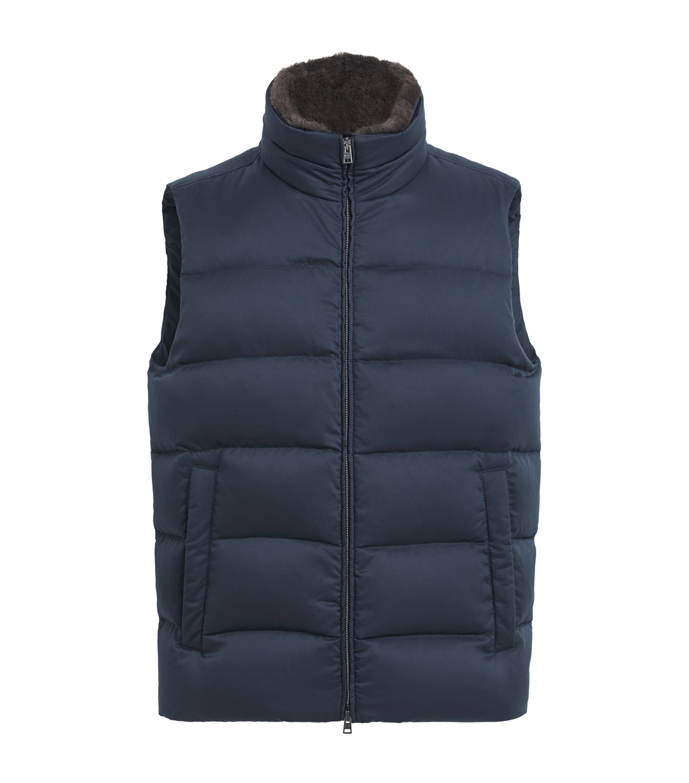 Herno Mens Faux Fur Collar Quilted Down Gilet Blu Navy